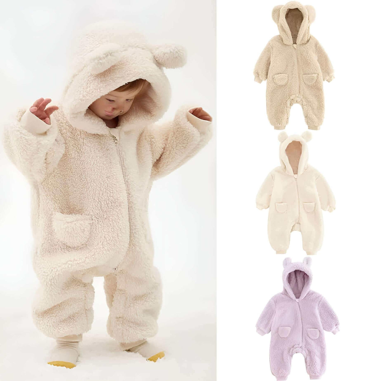 0-2Y Adorable Warm One Piece Hooded Suits For Baby With Ears! -, Rompers , Drestiny , 0M, 12M, 18M, 24M, 3M, 6M, Apricot, Australia, Blue, Boys, Brown, Canada, Girls, Jumpsuits, New Zealand, Off White, Pant Sets, Pink, Purple, Rompers, Sets, United Kingdom, United States , Drestiny , www.shopdrestiny.com