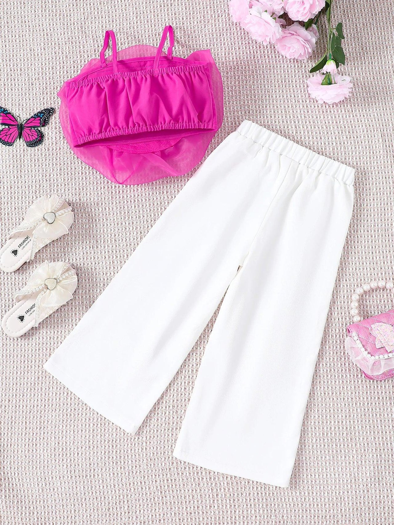 2PCS Summer Girls Set With Suspender Floral Top Straight Leg Pants Fashionable -, Outfit Sets , Drestiny , 4T, 5T, 6T, 7T, Australia, Canada, Casual Pants, Crop Tops, Deep Pink, Dress Pants, New Zealand, Pant Sets, Pink, Sets, Sleeveless, United Kingdom, United States, White , Drestiny , www.shopdrestiny.com