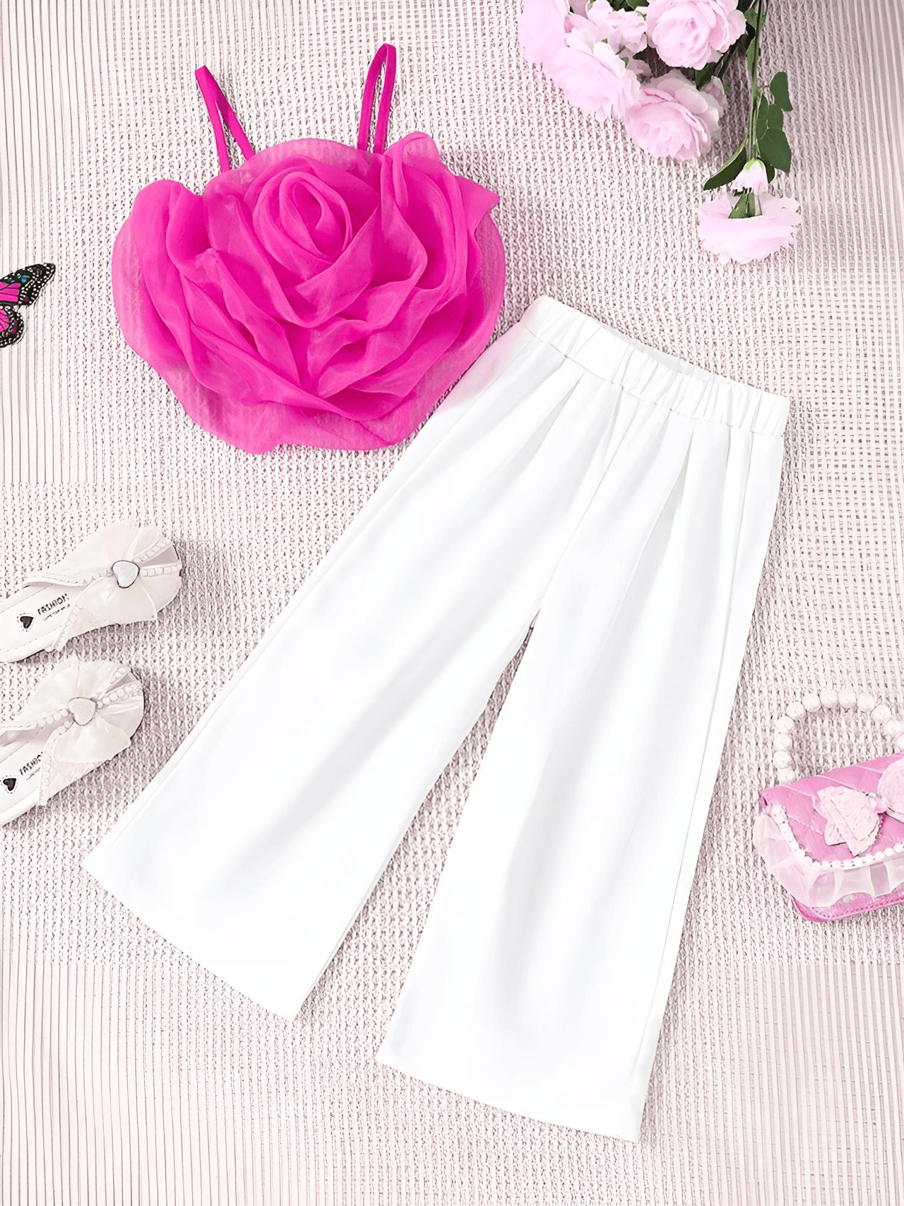 2PCS Summer Girls Set With Suspender Floral Top Straight Leg Pants Fashionable -, Outfit Sets , Drestiny , 4T, 5T, 6T, 7T, Australia, Canada, Casual Pants, Crop Tops, Deep Pink, Dress Pants, New Zealand, Pant Sets, Pink, Sets, Sleeveless, United Kingdom, United States, White , Drestiny , www.shopdrestiny.com