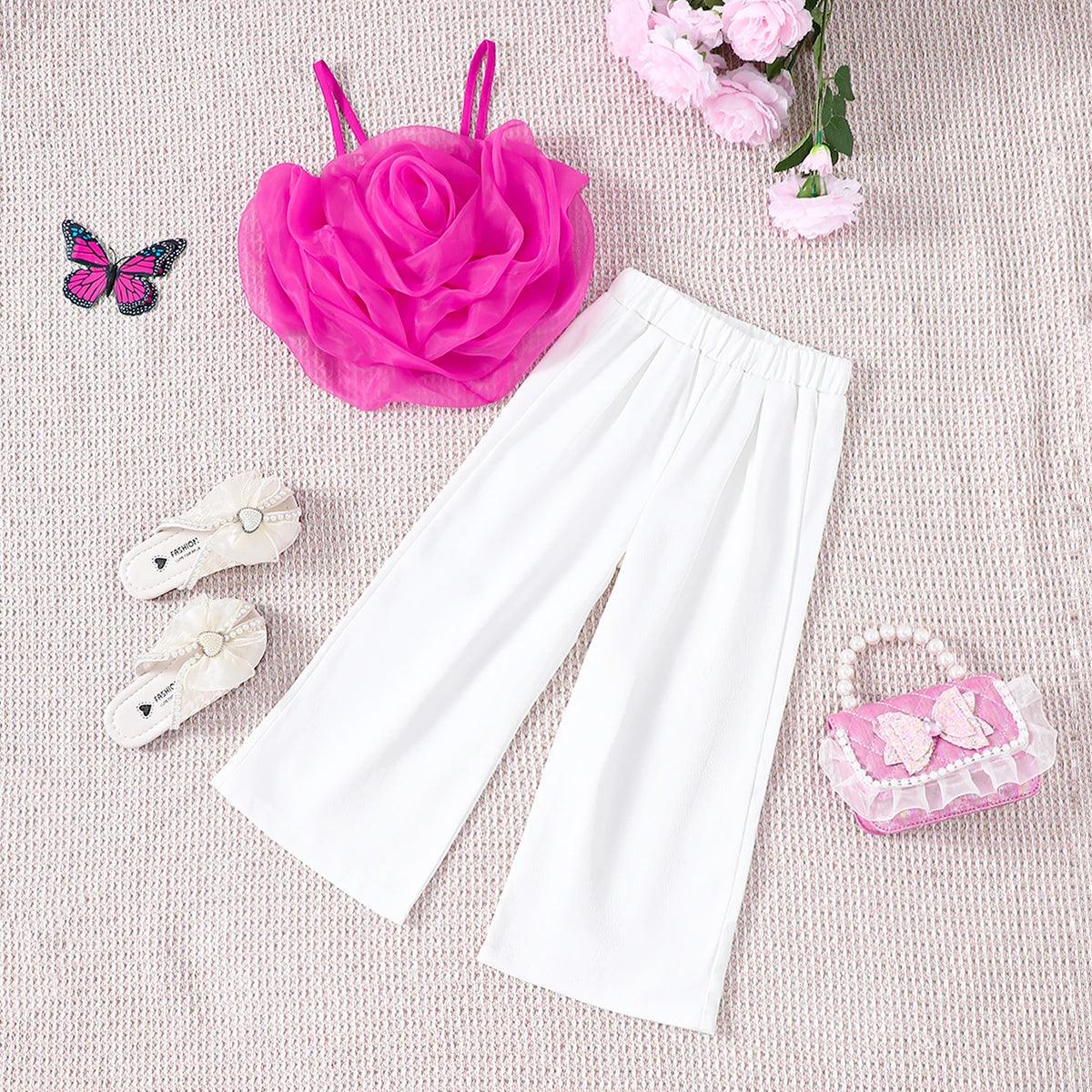 2PCS Summer Girls Set With Suspender Floral Top Straight Leg Pants Fashionable -, Outfit Sets , Drestiny , 4T, 5T, 6T, 7T, Australia, Canada, Casual Pants, Crop Tops, Deep Pink, Dress Pants, New Zealand, Pant Sets, Pink, Sets, Sleeveless, United Kingdom, United States, White , Drestiny , www.shopdrestiny.com