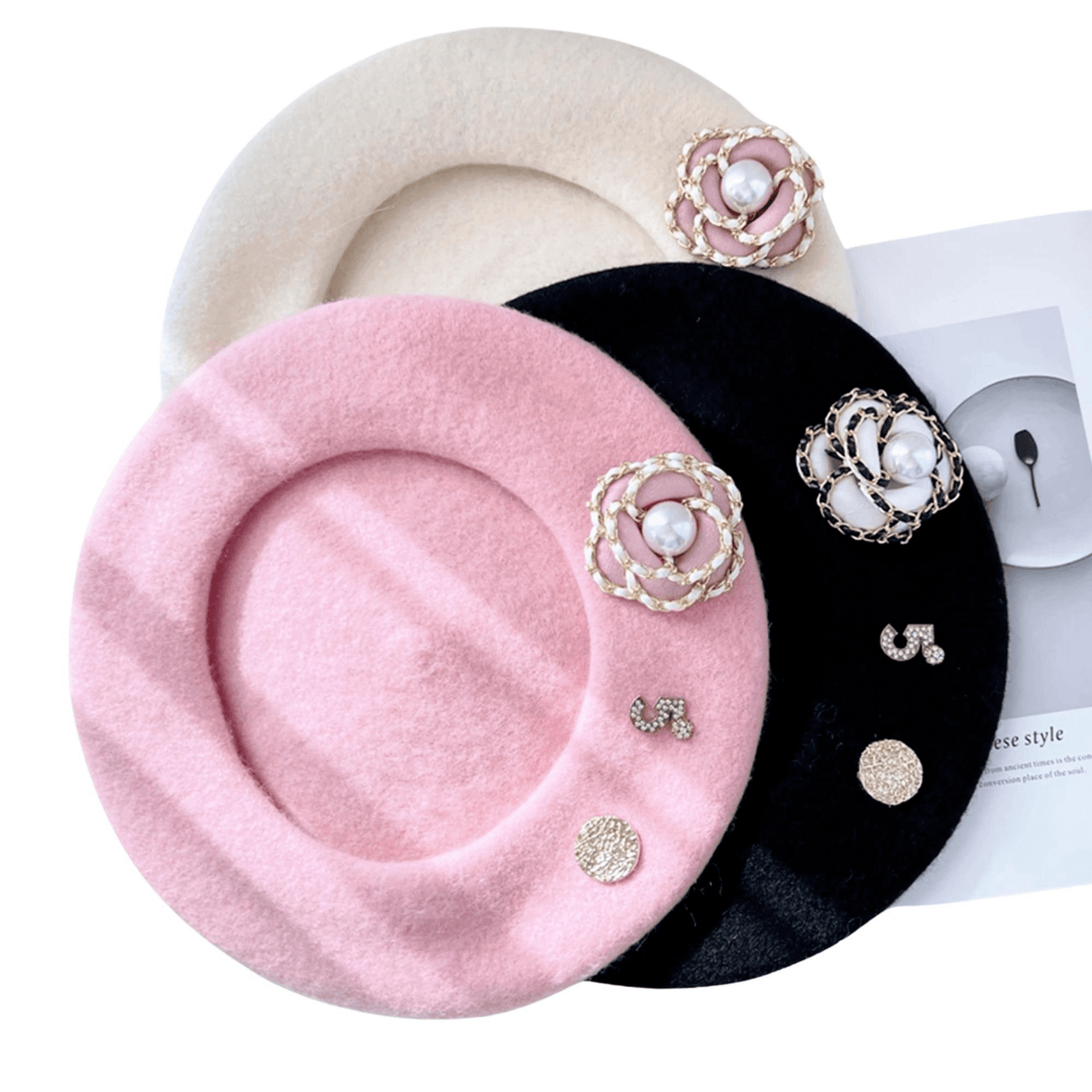 Chanel Inspired Wool Beret, Drestiny, Hats, Berets, Designer hats, Black, Beige, Pink, Gender_Women, One Size, United States, USA, Canada, Australia, New Zealand, United Kingdom, UK, Wool beret women, french style wool beret, classic style beret, Designer inspired beret, shopdrestiny.com