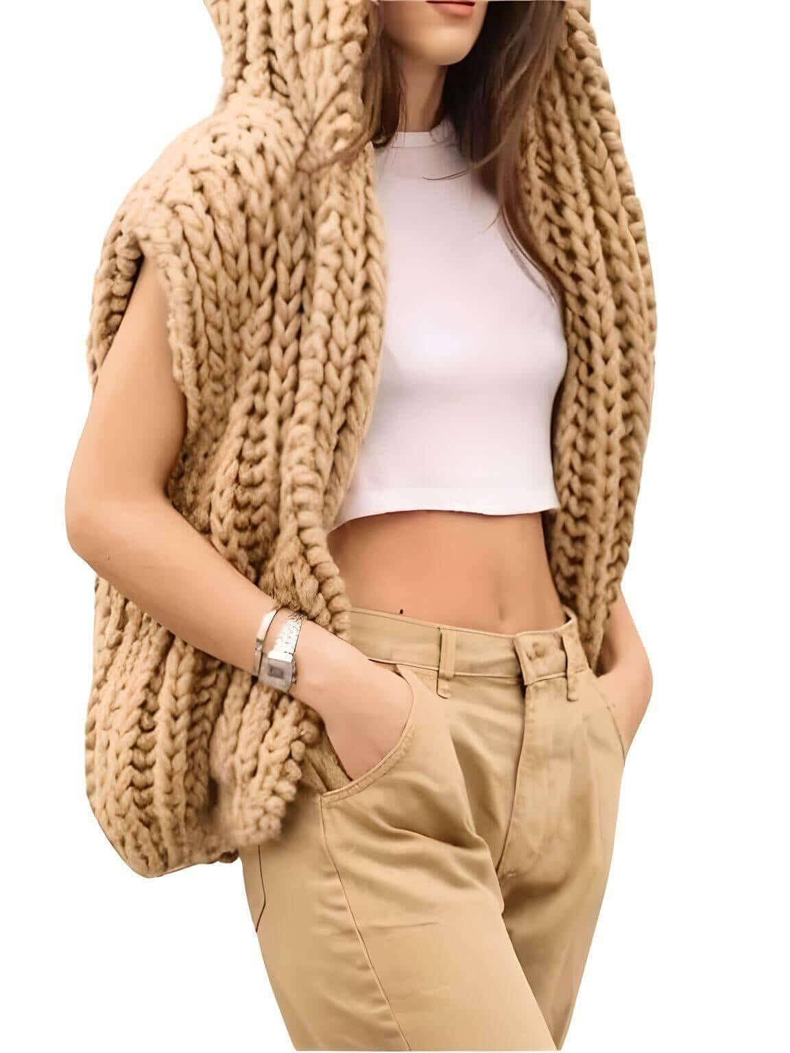 Chunky Knit Hooded Sweater Vest For Women -, Sweaters , Drestiny , Australia, Canada, Hoodies, Khaki, L, M, New Zealand, S, Sleeveless, Sweater Vests, Sweaters, United Kingdom, United States, Vests, XL , Drestiny , www.shopdrestiny.com