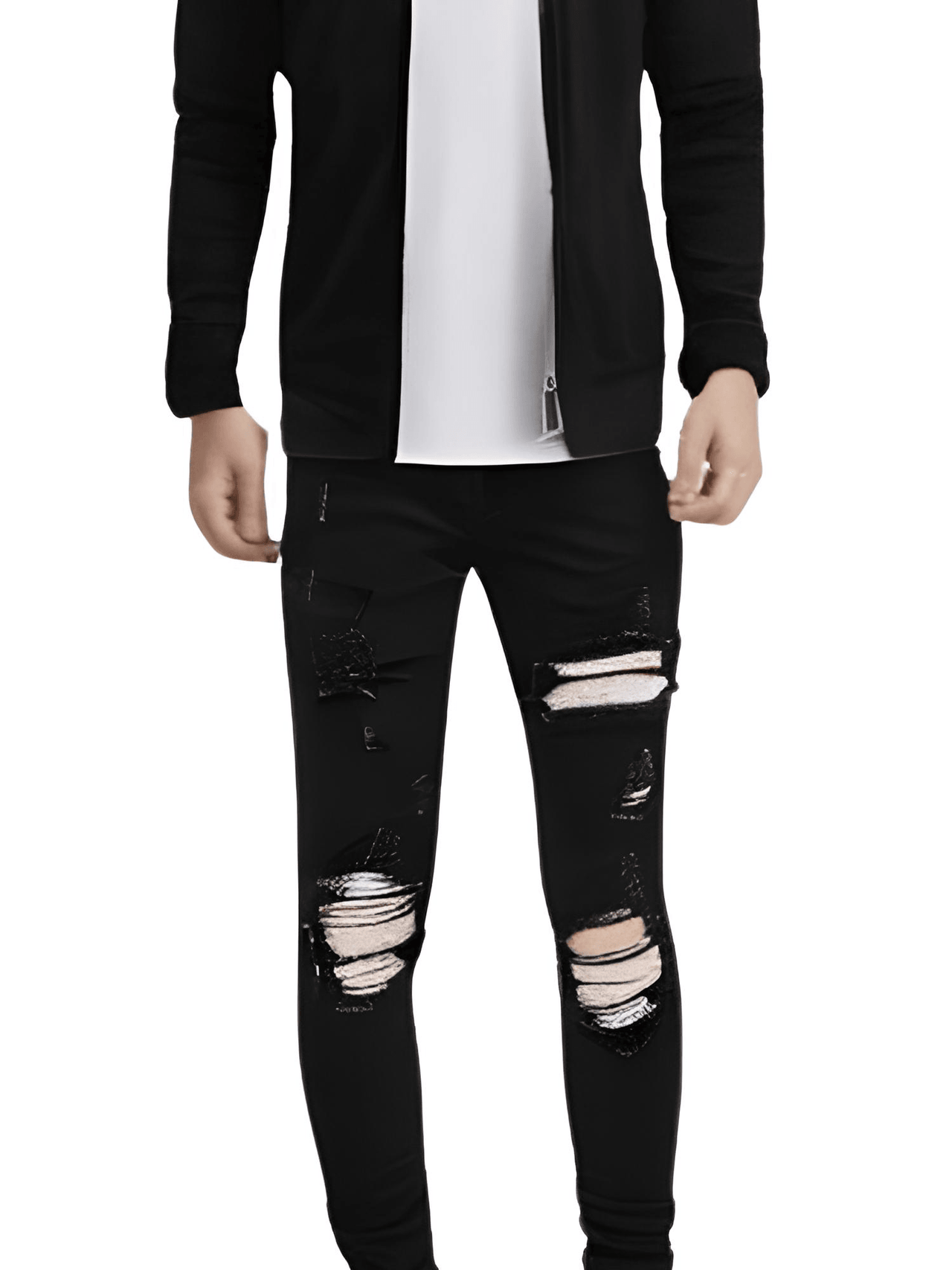 Cracked Silver Leather Patch Ripped Black Jeans Men's Streetwear Denim -, Jeans , Drestiny , 28,29,30,31,32,33,34,36,38,40,Australia,Black,Casual Pants,FR,Jeans,New Zealand,Skinny Jeans,United Kingdom,United States , Drestiny , www.shopdrestiny.com