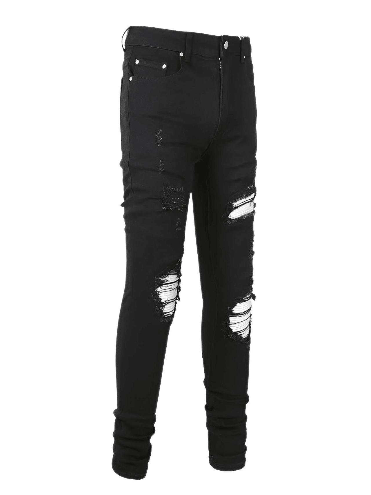 Cracked Silver Leather Patch Ripped Black Jeans Men's Streetwear Denim -, Jeans , Drestiny , 28,29,30,31,32,33,34,36,38,40,Australia,Black,Casual Pants,FR,Jeans,New Zealand,Skinny Jeans,United Kingdom,United States , Drestiny , www.shopdrestiny.com