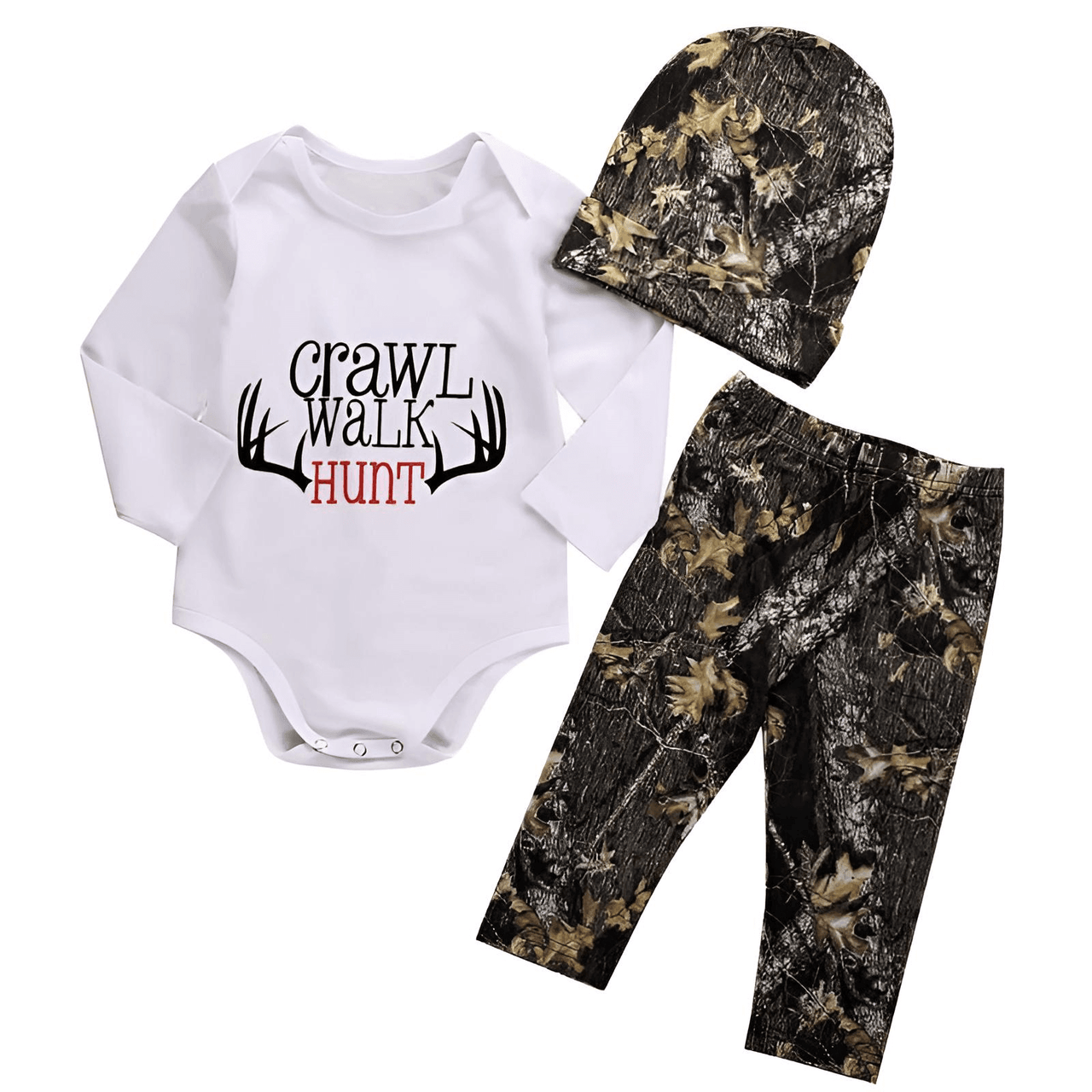 Crawl Walk Hunt Bodysuit + Leaf Pants + Hat Casual Set -, Baby & Toddler Outfits , Drestiny , 12M, 18M, 6M, 9M, Australia, Bodysuits, Boys, Canada, Girls, Hats, Long Sleeves, New Zealand, Pant Sets, Rompers, United Kingdom, United States , Drestiny , www.shopdrestiny.com