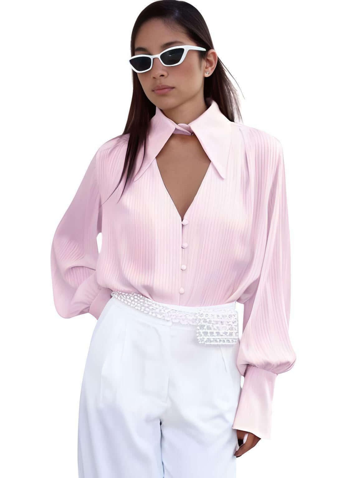 Cutout Single-Breasted Blouse For Women -, Blouse , Drestiny , Australia, Blouses, Canada, Casual Shirts, Dress Shirts, L, Long Sleeves, M, New Zealand, Pink, S, United Kingdom, United States, White , Drestiny , www.shopdrestiny.com