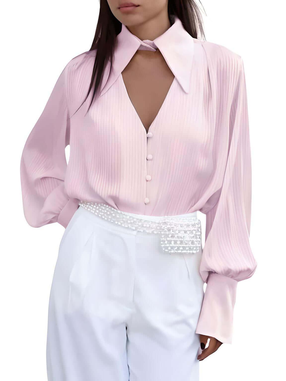 Cutout Single-Breasted Blouse For Women -, Blouse , Drestiny , Australia, Blouses, Canada, Casual Shirts, Dress Shirts, L, Long Sleeves, M, New Zealand, Pink, S, United Kingdom, United States, White , Drestiny , www.shopdrestiny.com