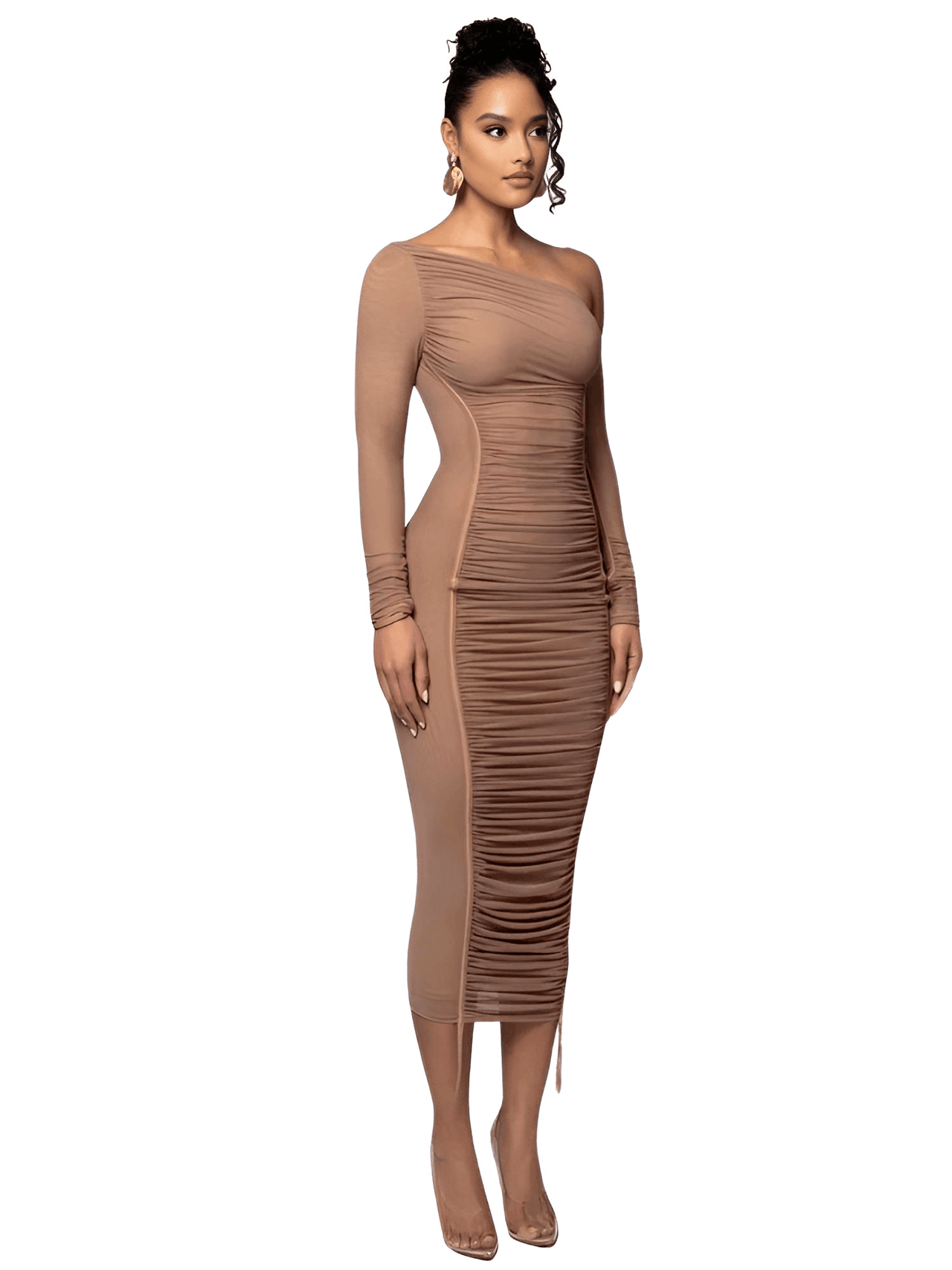 Diagonal Collar Long Sleeve Midi Dress For Women -, Dress , Drestiny , Australia, Black, Brown, Canada, FR, L, Long Sleeves, M, Midi Dresses, New Zealand, Off Shoulder, S, United Kingdom, United States, White , Drestiny , www.shopdrestiny.com