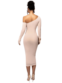 Thumbnail for Diagonal Collar Long Sleeve Midi Dress For Women -, Dress , Drestiny , Australia, Black, Brown, Canada, FR, L, Long Sleeves, M, Midi Dresses, New Zealand, Off Shoulder, S, United Kingdom, United States, White , Drestiny , www.shopdrestiny.com