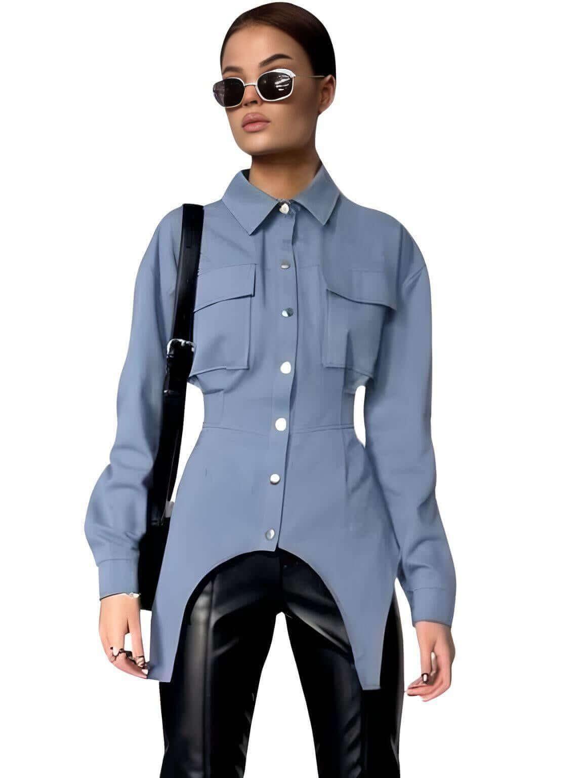 Elegant Lapel Long Sleeve Blue Blouse For Women -, , Drestiny , Australia, Blouses, Blue, Casual Shirts, Dress Shirts, FR, L, Long Sleeves, M, New Zealand, S, United Kingdom, United States , Drestiny , www.shopdrestiny.com