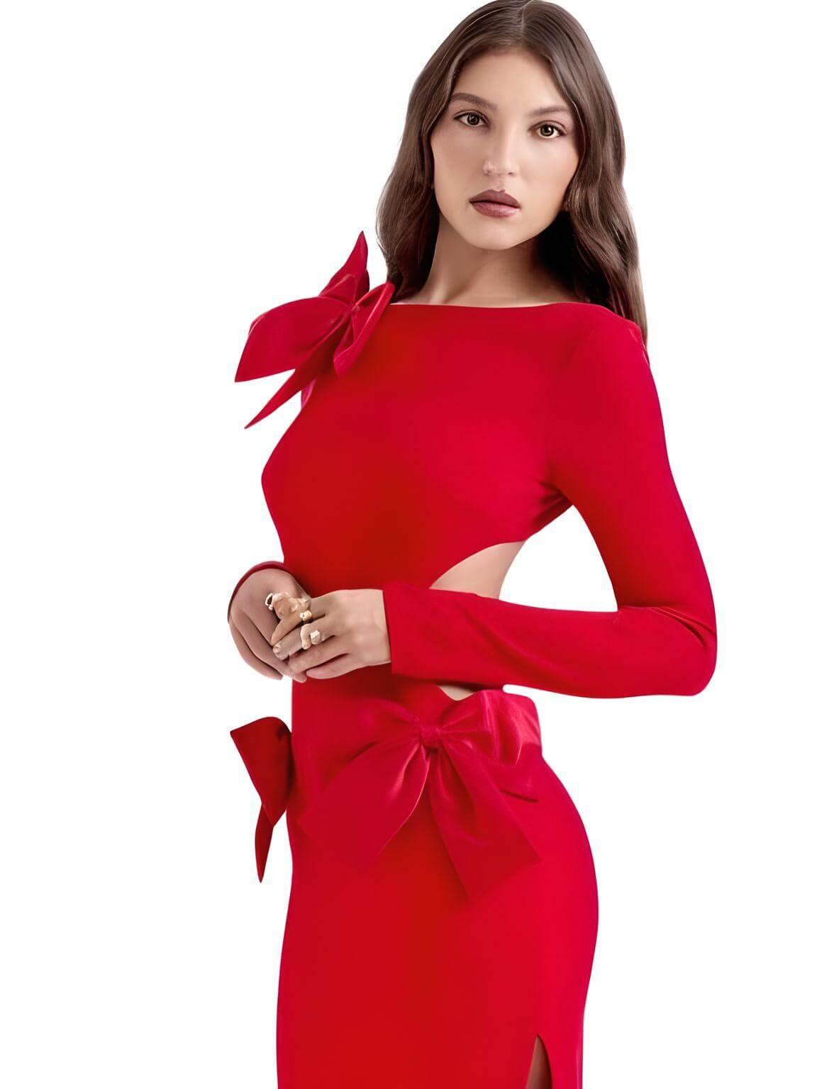 Elegant Backless Bow Red Maxi Dress For Women -, Dress , Drestiny , Ankle Length Dresses, Australia, Canada, FR, L, Long Sleeves, M, Maxi Dresses, New Zealand, Red, S, United Kingdom, United States , Drestiny , www.shopdrestiny.com