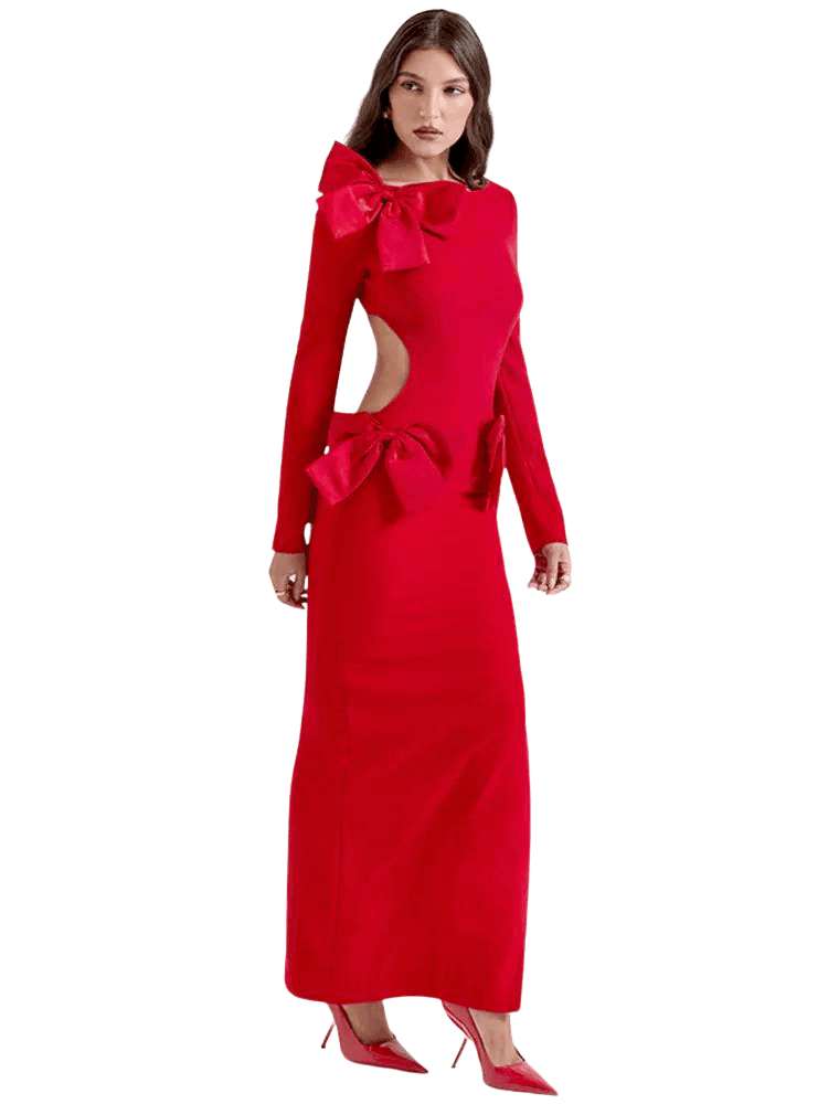 Elegant Backless Bow Red Maxi Dress For Women -, Dress , Drestiny , Ankle Length Dresses, Australia, Canada, FR, L, Long Sleeves, M, Maxi Dresses, New Zealand, Red, S, United Kingdom, United States , Drestiny , www.shopdrestiny.com