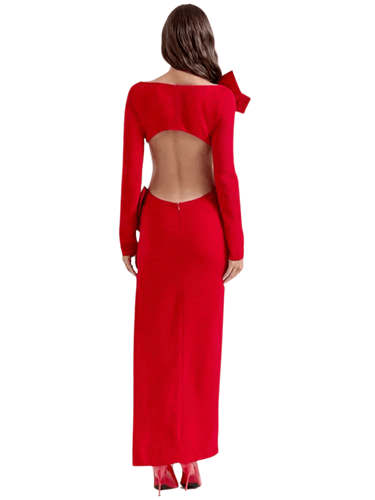 Elegant Backless Bow Red Maxi Dress For Women -, Dress , Drestiny , Ankle Length Dresses, Australia, Canada, FR, L, Long Sleeves, M, Maxi Dresses, New Zealand, Red, S, United Kingdom, United States , Drestiny , www.shopdrestiny.com