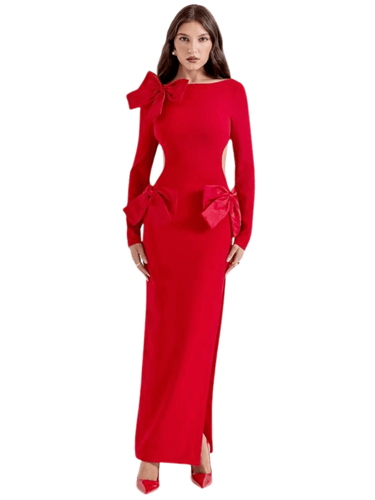 Elegant Backless Bow Red Maxi Dress For Women -, Dress , Drestiny , Ankle Length Dresses, Australia, Canada, FR, L, Long Sleeves, M, Maxi Dresses, New Zealand, Red, S, United Kingdom, United States , Drestiny , www.shopdrestiny.com