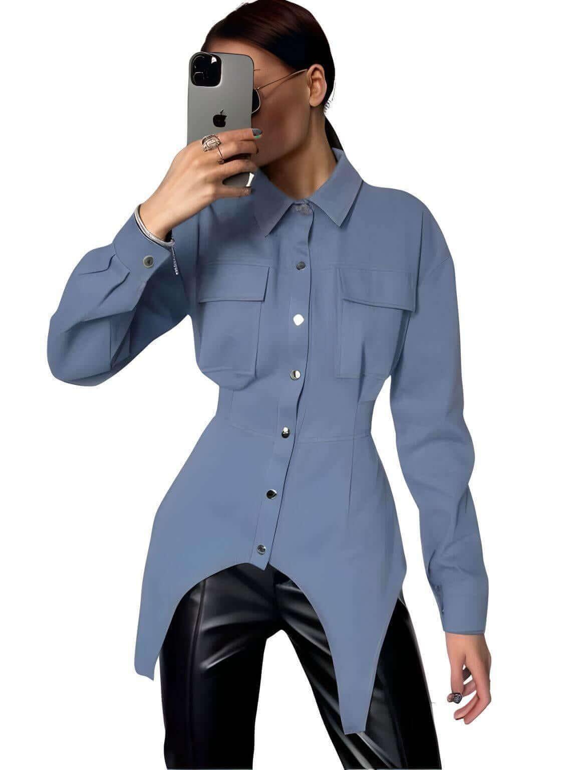 Elegant Lapel Long Sleeve Blue Blouse For Women -, , Drestiny , Australia, Blouses, Blue, Casual Shirts, Dress Shirts, FR, L, Long Sleeves, M, New Zealand, S, United Kingdom, United States , Drestiny , www.shopdrestiny.com