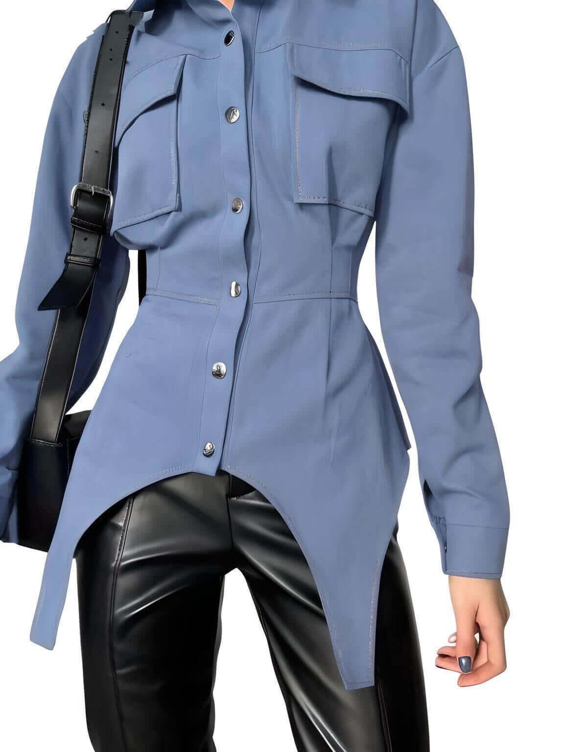 Elegant Lapel Long Sleeve Blue Blouse For Women -, , Drestiny , Australia, Blouses, Blue, Casual Shirts, Dress Shirts, FR, L, Long Sleeves, M, New Zealand, S, United Kingdom, United States , Drestiny , www.shopdrestiny.com