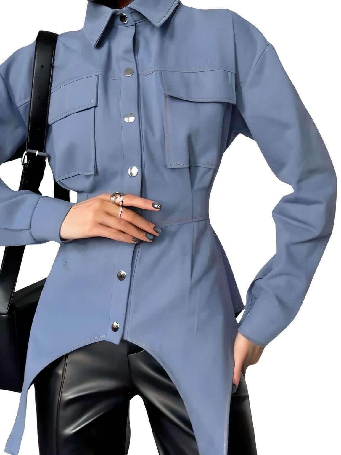 Elegant Lapel Long Sleeve Blue Blouse For Women -, , Drestiny , Australia, Blouses, Blue, Casual Shirts, Dress Shirts, FR, L, Long Sleeves, M, New Zealand, S, United Kingdom, United States , Drestiny , www.shopdrestiny.com