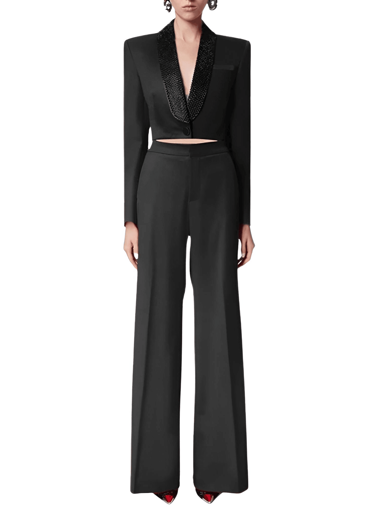 Elegant Two-Piece Set For Women - Long Sleeve Hollow Out Top + High Waist Wide Leg Pant Casual Set -, Pant Suits , Drestiny , Australia, Black, Blazers, Canada, Dress Pants, FR, Jackets, L, Long Sleeves, M, New Zealand, Pant Sets, Pant Suits, Red, S, Sets, United Kingdom, United States, XL , Drestiny , www.shopdrestiny.com