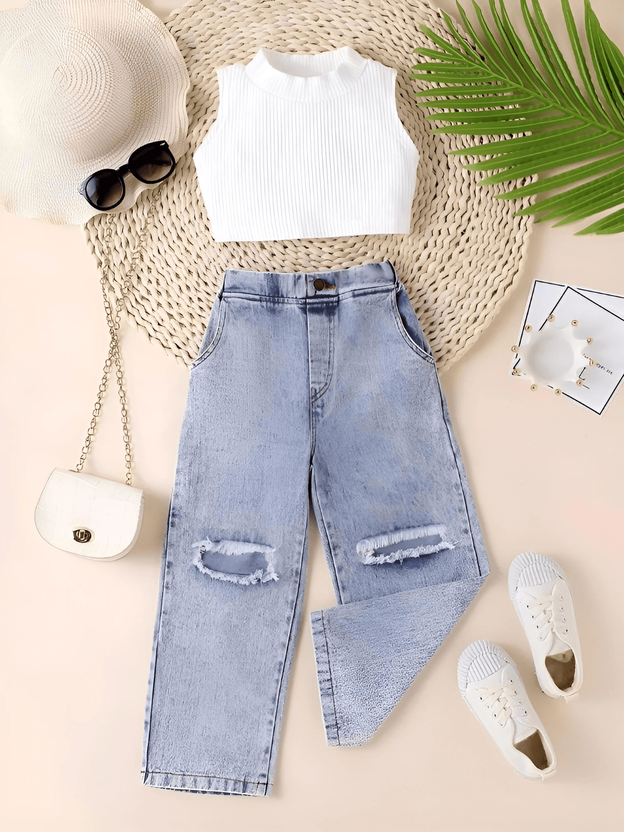 Fashion Girls' Sleeveless Crop Top and Loose Ripped Denim Jeans 2-Piece Set -, Outfit Sets , Drestiny , 3T, 4T, 5T, 6T, 7T, Australia, Black, Blue, Canada, Casual Pants, Casual Shirts, Crop Tops, Girls, Jeans, New Zealand, Pant Sets, Sets, Sleeveless, Tank Tops, TD, United Kingdom, United States, White , Drestiny , www.shopdrestiny.com