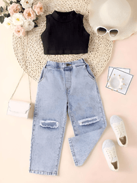 Thumbnail for Fashion Girls' Sleeveless Crop Top and Loose Ripped Denim Jeans 2-Piece Set -, Outfit Sets , Drestiny , 3T, 4T, 5T, 6T, 7T, Australia, Black, Blue, Canada, Casual Pants, Casual Shirts, Crop Tops, Girls, Jeans, New Zealand, Pant Sets, Sets, Sleeveless, Tank Tops, TD, United Kingdom, United States, White , Drestiny , www.shopdrestiny.com