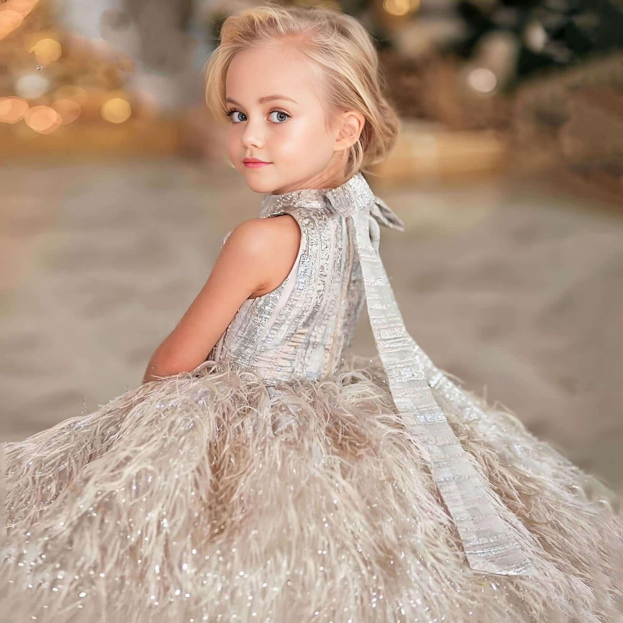 Feather Flower Girl Dress -, Dress , Drestiny , 10T, 11T, 12M, 12T, 13T, 14T, 18M, 2T, 3T, 4, 5T, 6T, 7T, 8T, 9T, Australia, Dresses, Flower Girl Dresses, Girls, Gold, New Zealand, Pink, Silver, Sleeveless, TD, United Kingdom, United States , Drestiny , www.shopdrestiny.com