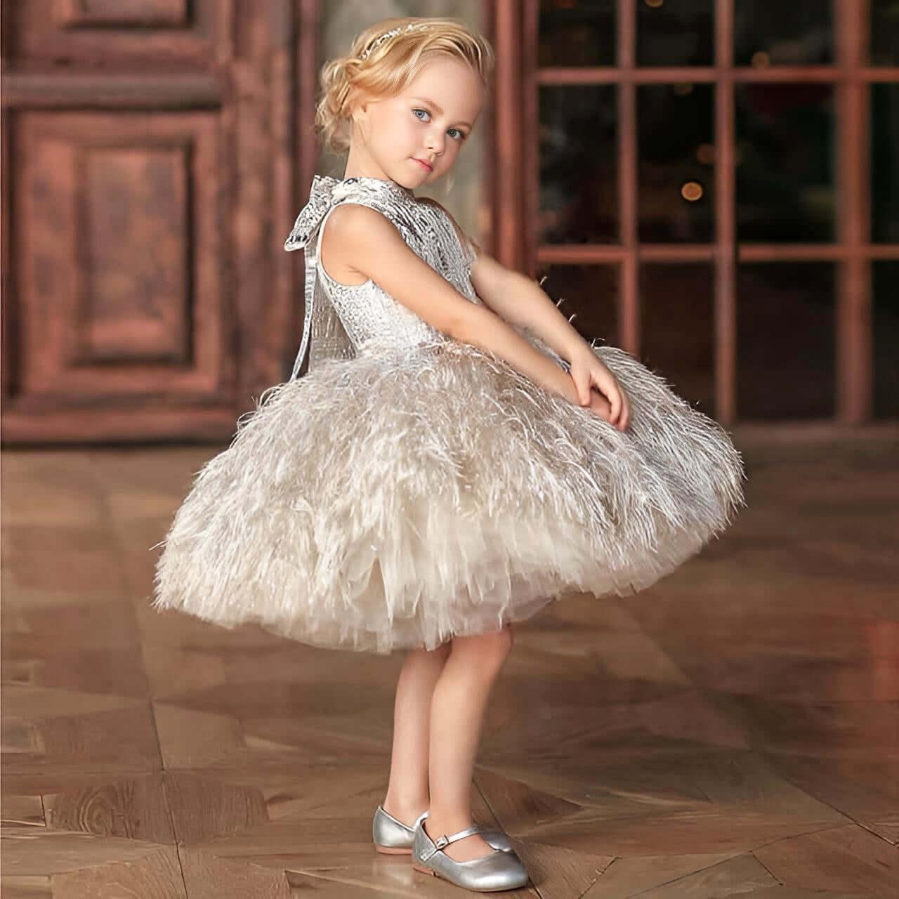 Feather Flower Girl Dress -, Dress , Drestiny , 10T, 11T, 12M, 12T, 13T, 14T, 18M, 2T, 3T, 4, 5T, 6T, 7T, 8T, 9T, Australia, Dresses, Flower Girl Dresses, Girls, Gold, New Zealand, Pink, Silver, Sleeveless, TD, United Kingdom, United States , Drestiny , www.shopdrestiny.com