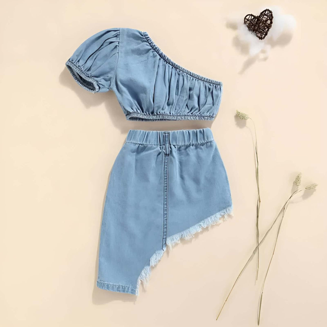 Girl's Short Sleeve Off-Shoulder Denim Cropped Top + Irregular Hem Skirt Set -, Baby & Toddler Outfits , Drestiny , 12M, 18M, 24M, 2T, 3T, 4T, 5T, Australia, Blue, Canada, Casual Shirts, Crop Tops, New Zealand, One Shoulder, Short Sleeves, Skirt Sets, Skirts, Sleeveless, United Kingdom, United States , Drestiny , www.shopdrestiny.com