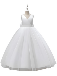 Thumbnail for Girl's Long White Bow Dresses For Weddings, Formal Evenings, Birthday Parties or Kid's First Communion -, Dress , Drestiny , 10, 10T, 12, 12T, 2T, 4T, 6T, 8T, Australia, Dark Blue, Dark Pink, Dark Red, Dresses, Girls, New Zealand, Sleeveless, TD, United Kingdom, United States, White , Drestiny , www.shopdrestiny.com