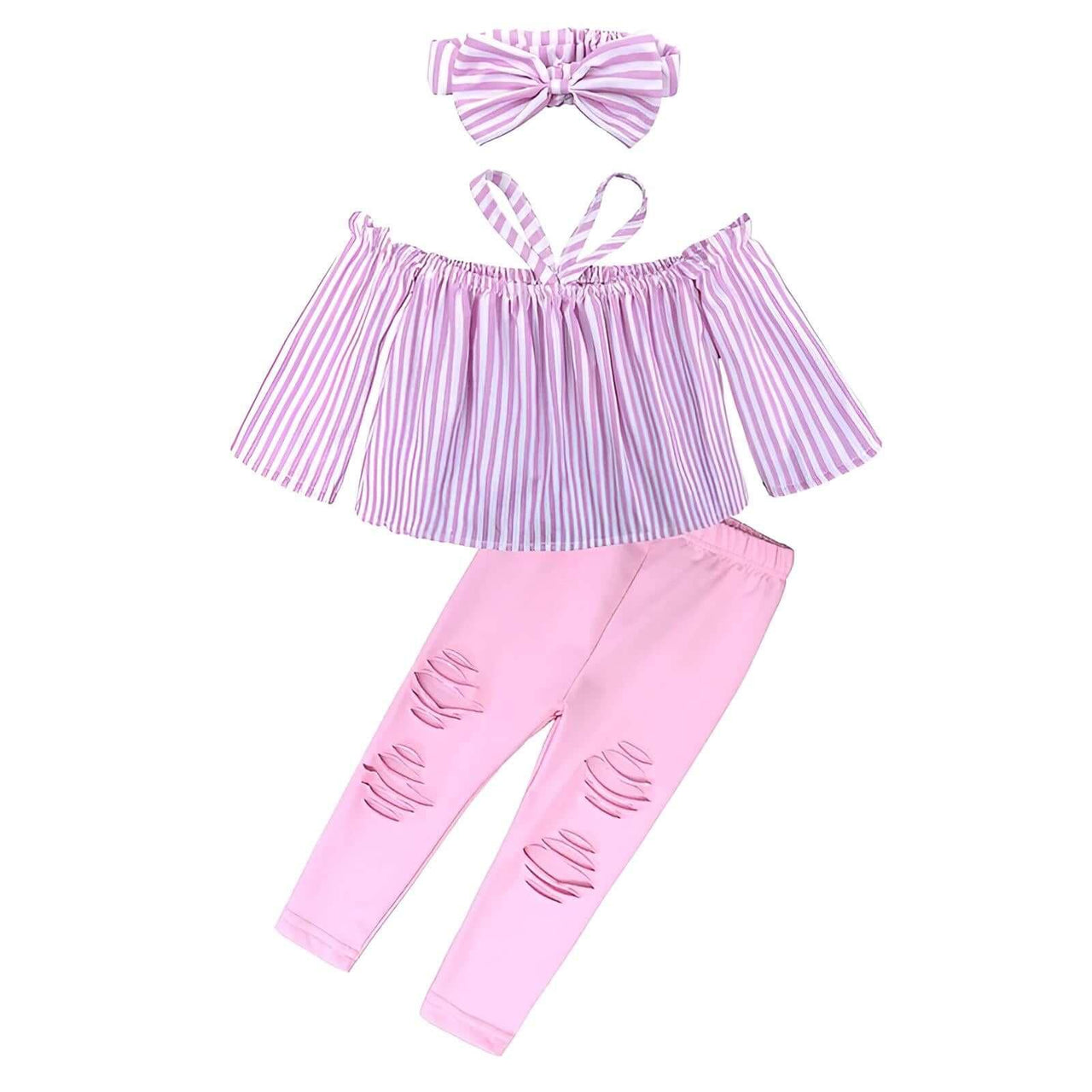 Girl's Stripe Camisole Bow Top + White Hole Denim Like Pants Kids 2 Piece Outfits -, Baby & Toddler Outfits , Drestiny , 12M, 2T, 3T, 4T, 5T, 6T, 7T, Australia, Black, Camisoles, Canada, Casual Pants, Casual Shirts, Crop Tops, Girls, Jeans, Light Purple, New Zealand, Pant Sets, Pink, Purple, Sets, TD, United Kingdom, United States, White , Drestiny , www.shopdrestiny.com