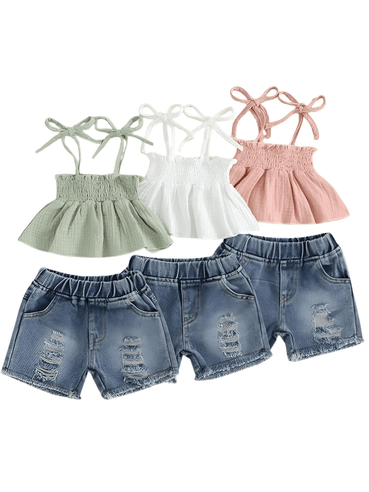 Girl's Tie-up Pleated Camisole with Ripped Denim Shorts Summer 2-Piece Outfit 2-5T -, , Drestiny , , Drestiny , www.shopdrestiny.com