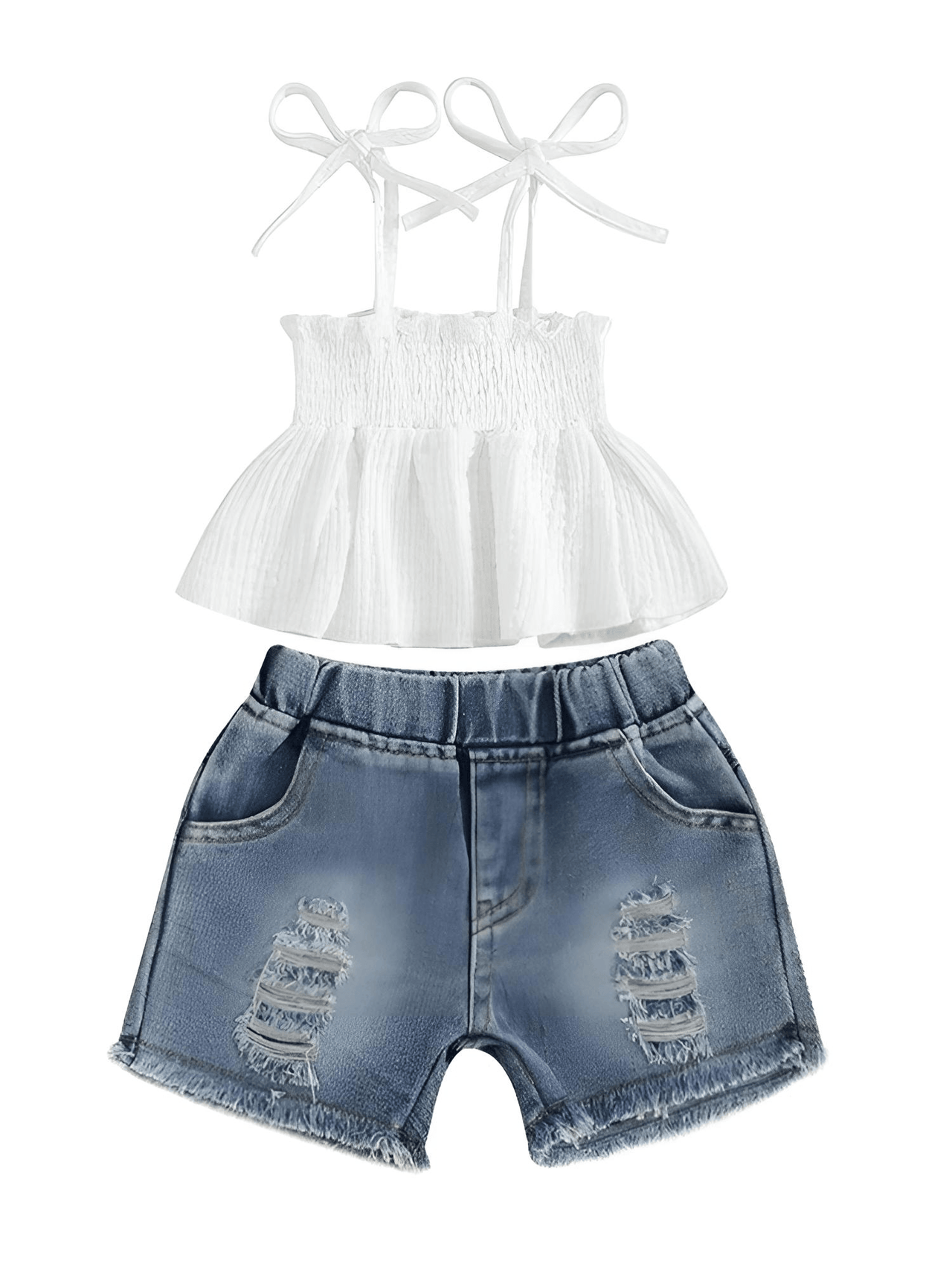 Girl's Tie-up Pleated Camisole with Ripped Denim Shorts Summer 2-Piece Outfit 2-5T -, , Drestiny , , Drestiny , www.shopdrestiny.com