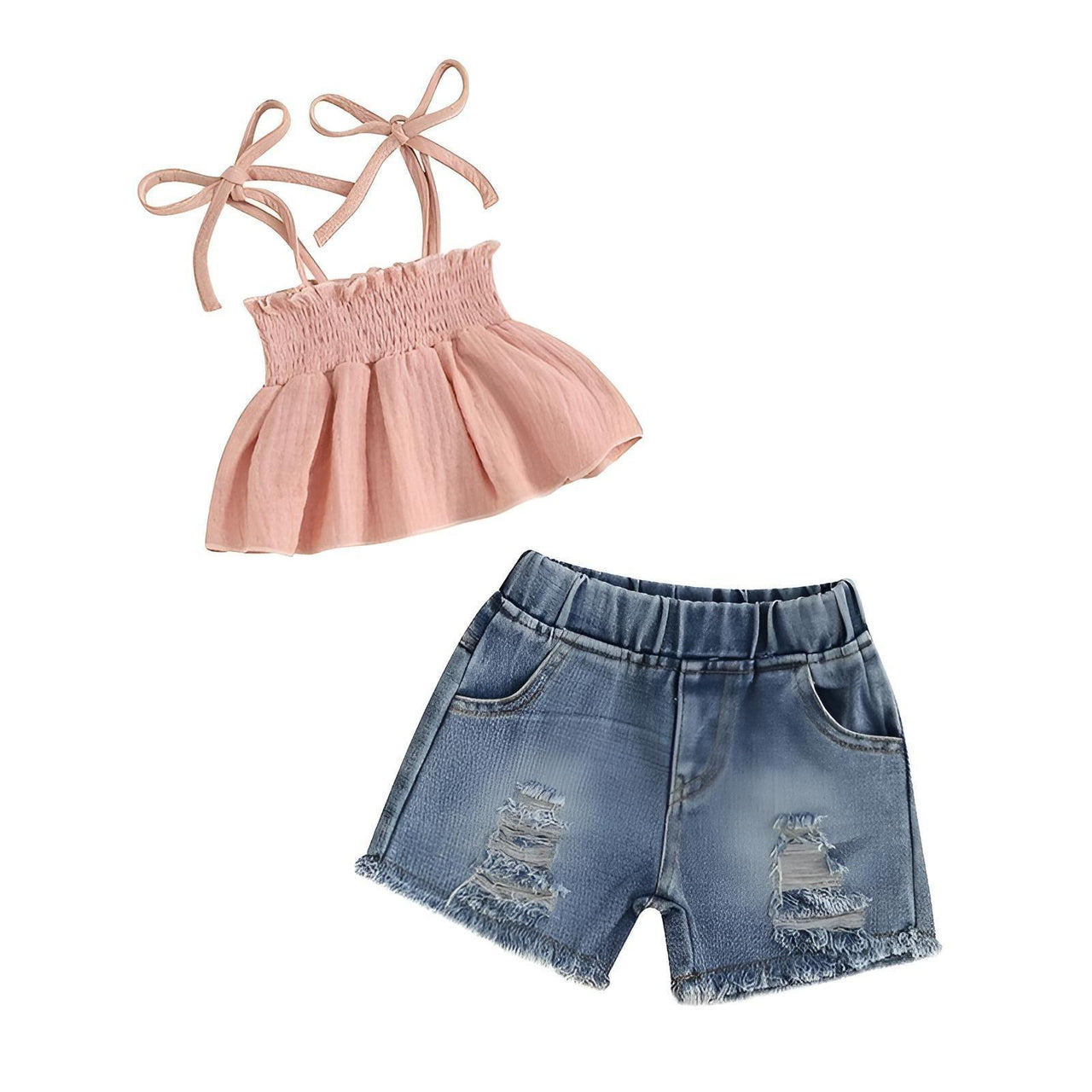 Girl's Tie-up Pleated Camisole with Ripped Denim Shorts Summer 2-Piece Outfit 2-5T -, , Drestiny , , Drestiny , www.shopdrestiny.com