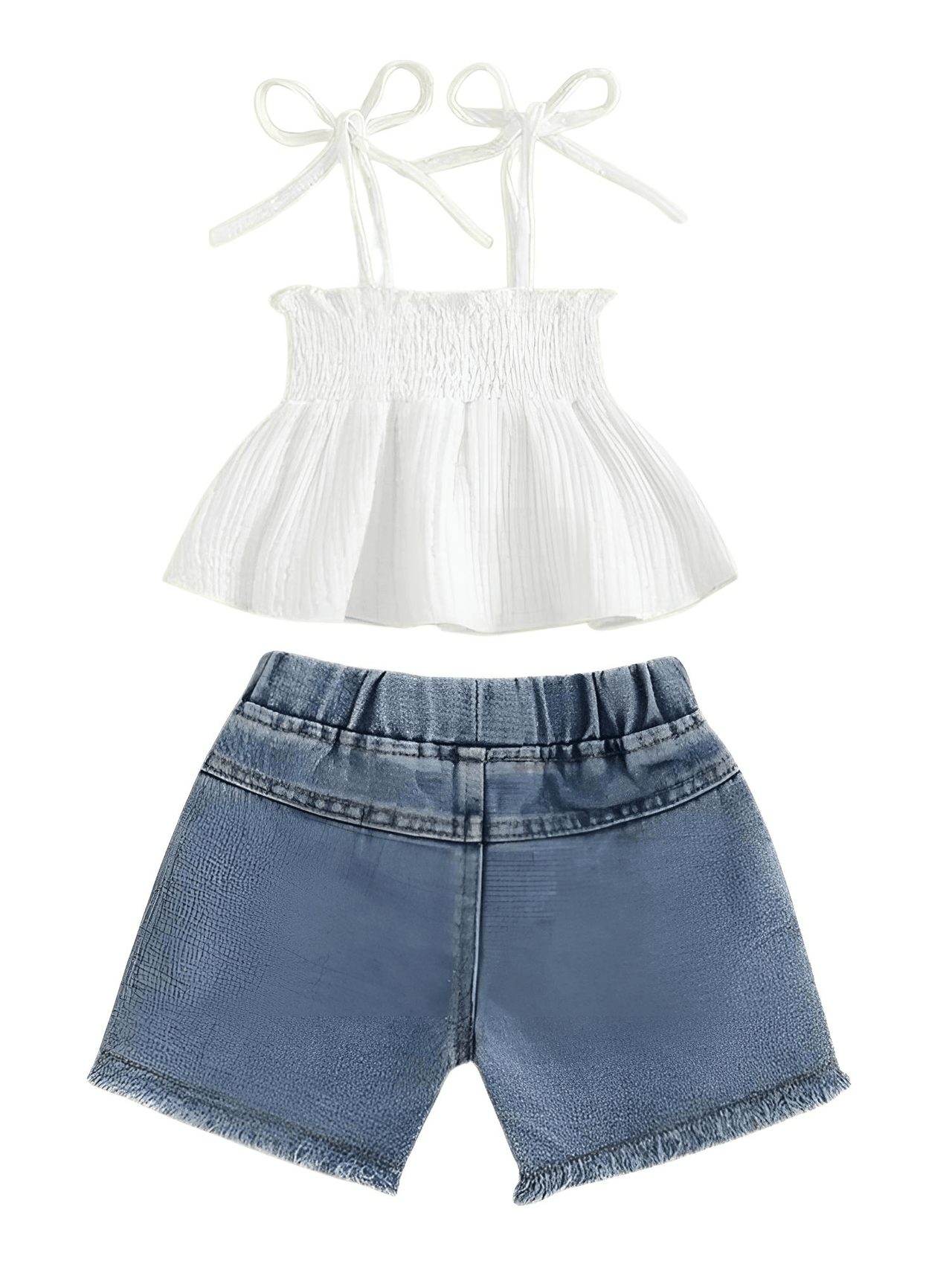 Girl's Tie-up Pleated Camisole with Ripped Denim Shorts Summer 2-Piece Outfit 2-5T -, , Drestiny , , Drestiny , www.shopdrestiny.com