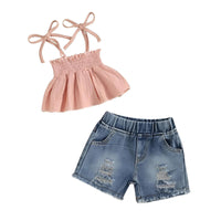 Thumbnail for Girl's Tie-up Pleated Camisole with Ripped Denim Shorts Summer 2-Piece Outfit 2-5T -, , Drestiny , , Drestiny , www.shopdrestiny.com