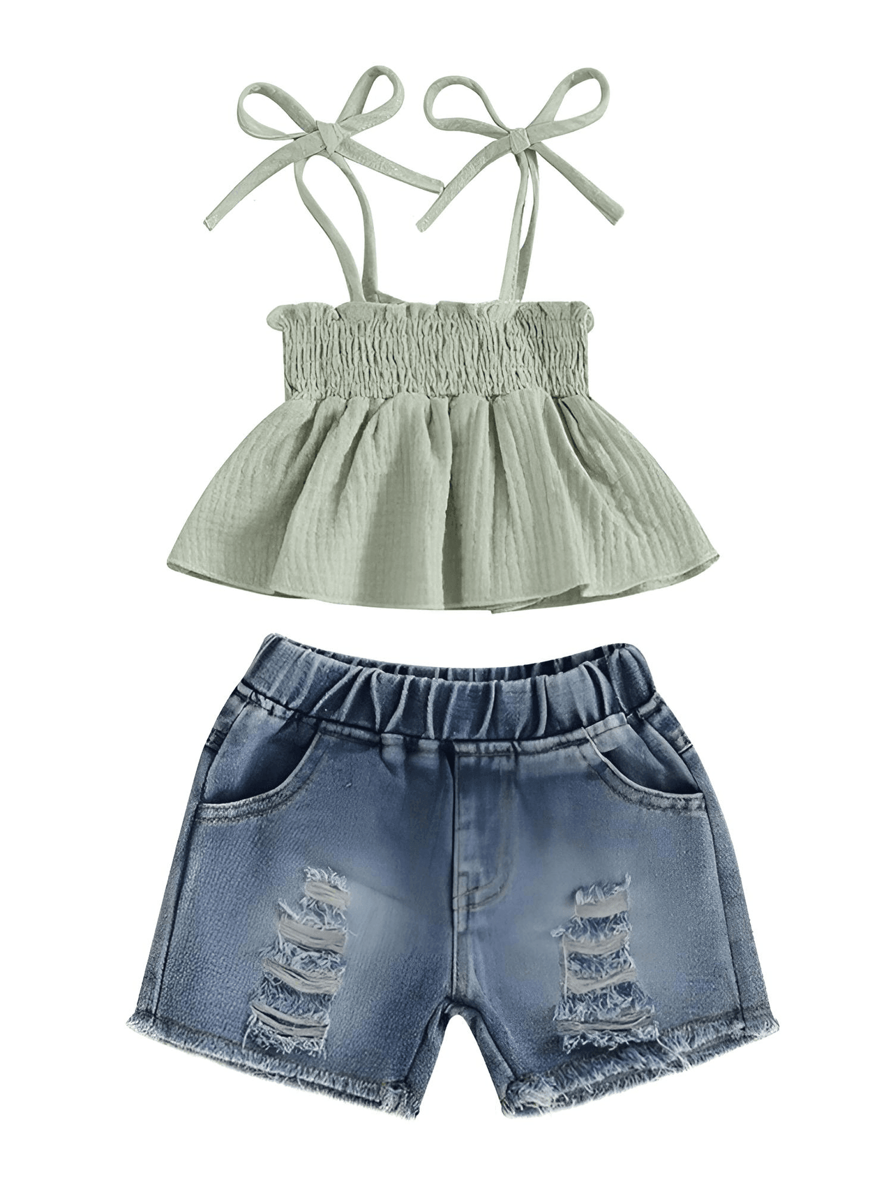 Girl's Tie-up Pleated Camisole with Ripped Denim Shorts Summer 2-Piece Outfit 2-5T -, , Drestiny , , Drestiny , www.shopdrestiny.com