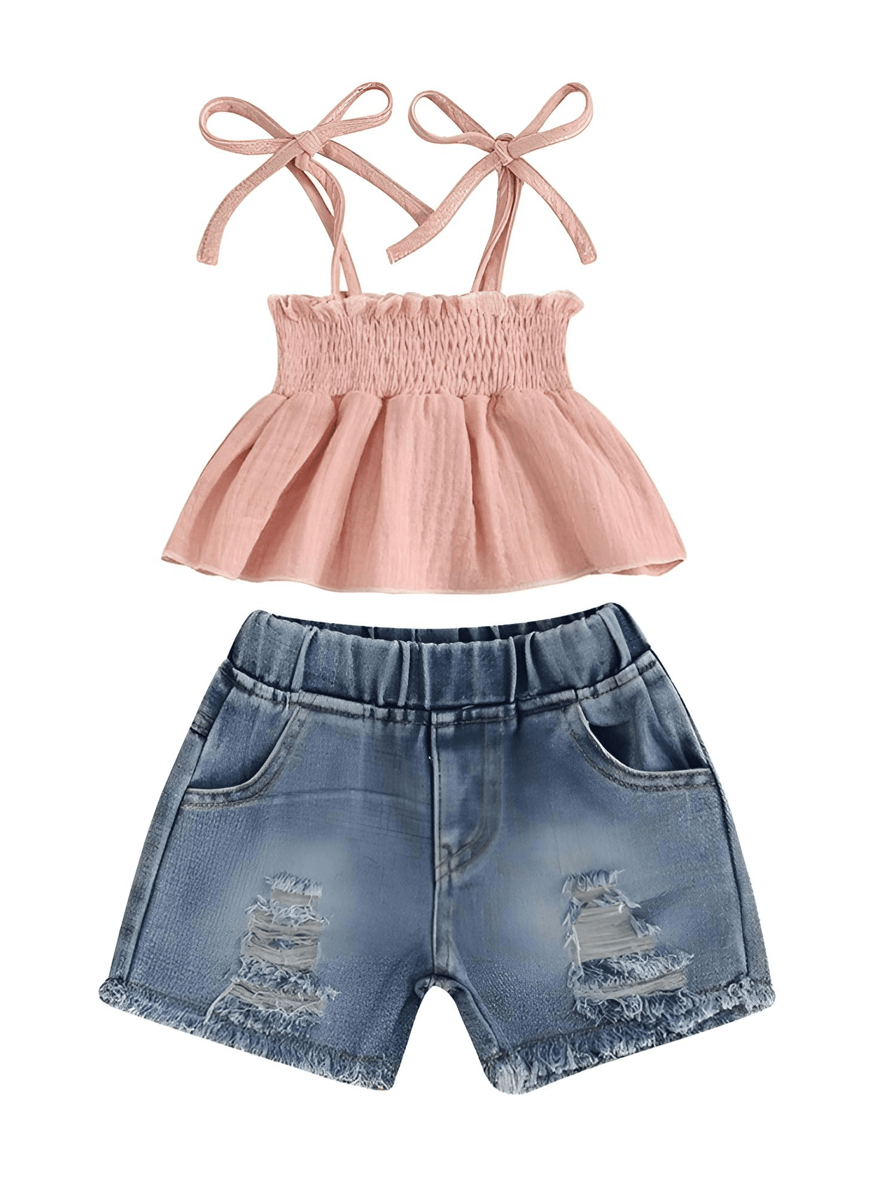 Girl's Tie-up Pleated Camisole with Ripped Denim Shorts Summer 2-Piece Outfit 2-5T -, , Drestiny , , Drestiny , www.shopdrestiny.com