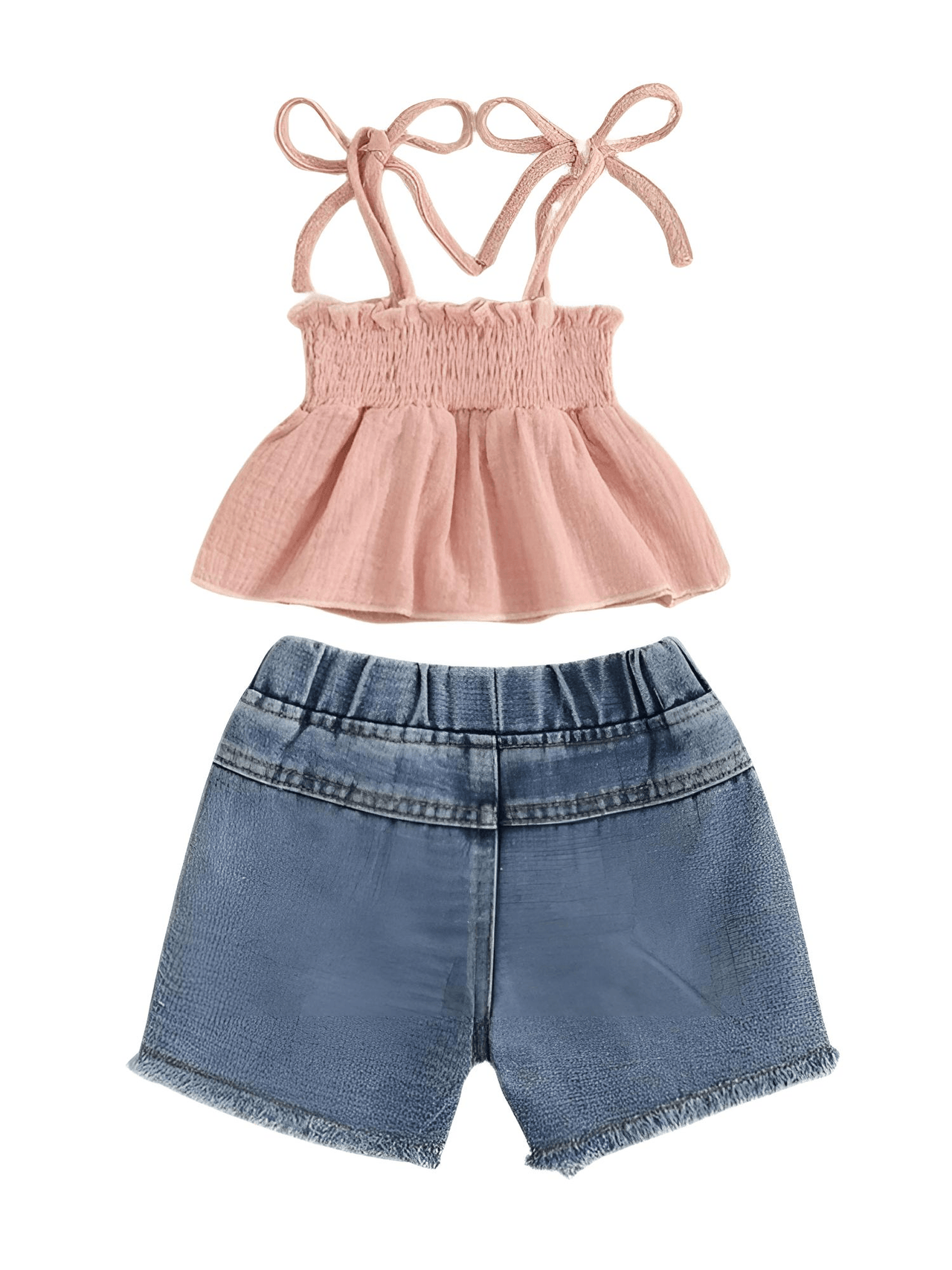 Girl's Tie-up Pleated Camisole with Ripped Denim Shorts Summer 2-Piece Outfit 2-5T -, , Drestiny , pink, white, green, Drestiny , www.shopdrestiny.com