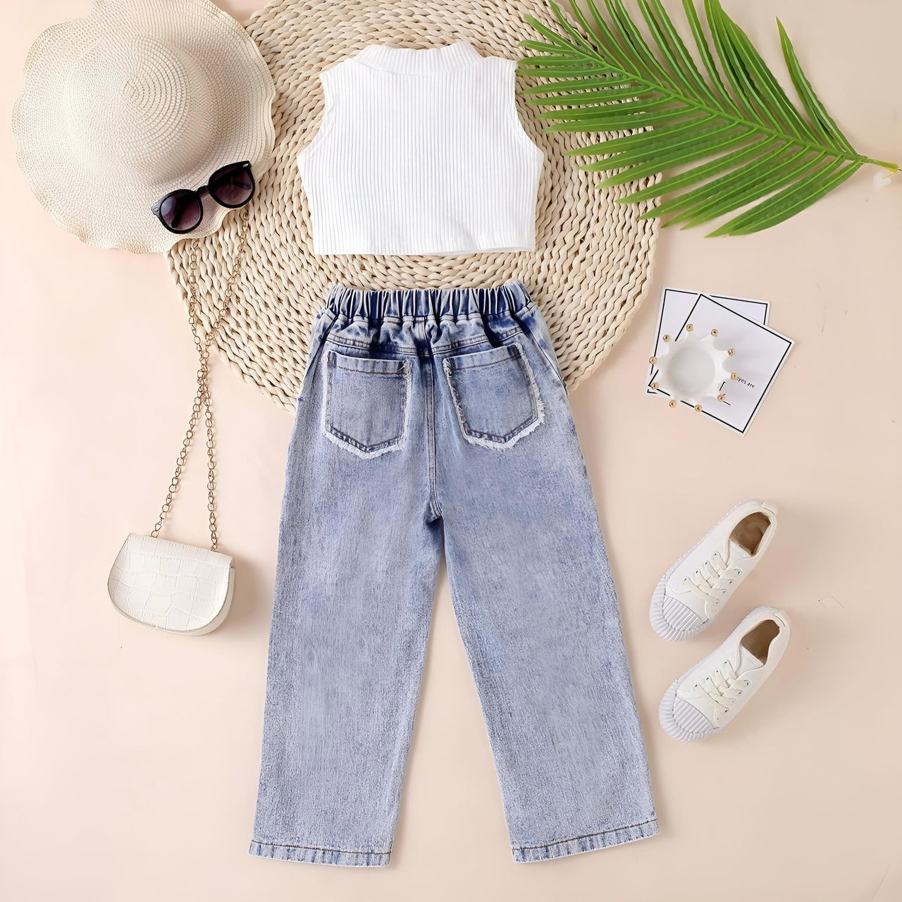 Fashion Girls' Sleeveless Crop Top and Loose Ripped Denim Jeans 2-Piece Set -, Outfit Sets , Drestiny , 3T, 4T, 5T, 6T, 7T, Australia, Black, Blue, Canada, Casual Pants, Casual Shirts, Crop Tops, Girls, Jeans, New Zealand, Pant Sets, Sets, Sleeveless, Tank Tops, TD, United Kingdom, United States, White , Drestiny , www.shopdrestiny.com