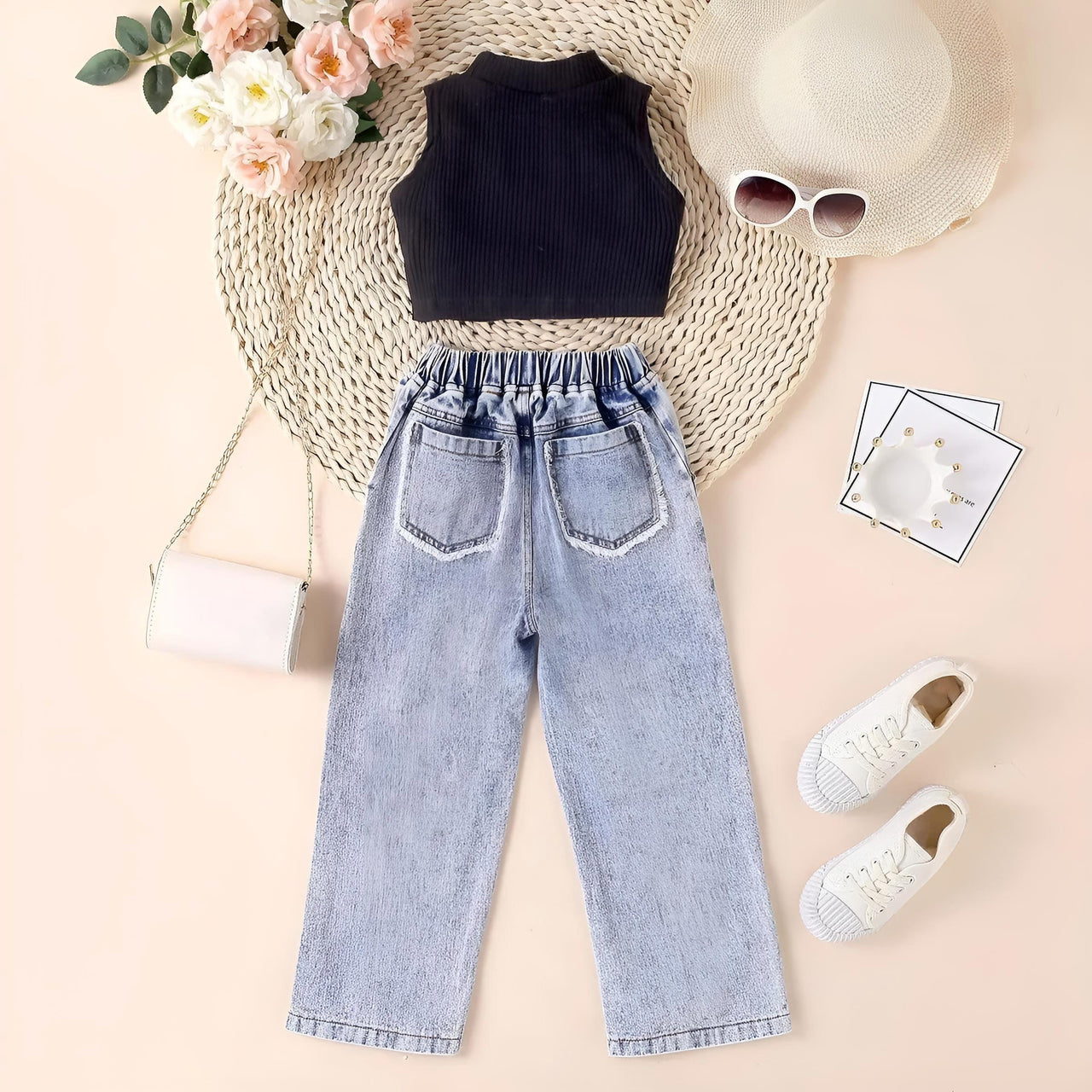 Fashion Girls' Sleeveless Crop Top and Loose Ripped Denim Jeans 2-Piece Set -, Outfit Sets , Drestiny , 3T, 4T, 5T, 6T, 7T, Australia, Black, Blue, Canada, Casual Pants, Casual Shirts, Crop Tops, Girls, Jeans, New Zealand, Pant Sets, Sets, Sleeveless, Tank Tops, TD, United Kingdom, United States, White , Drestiny , www.shopdrestiny.com