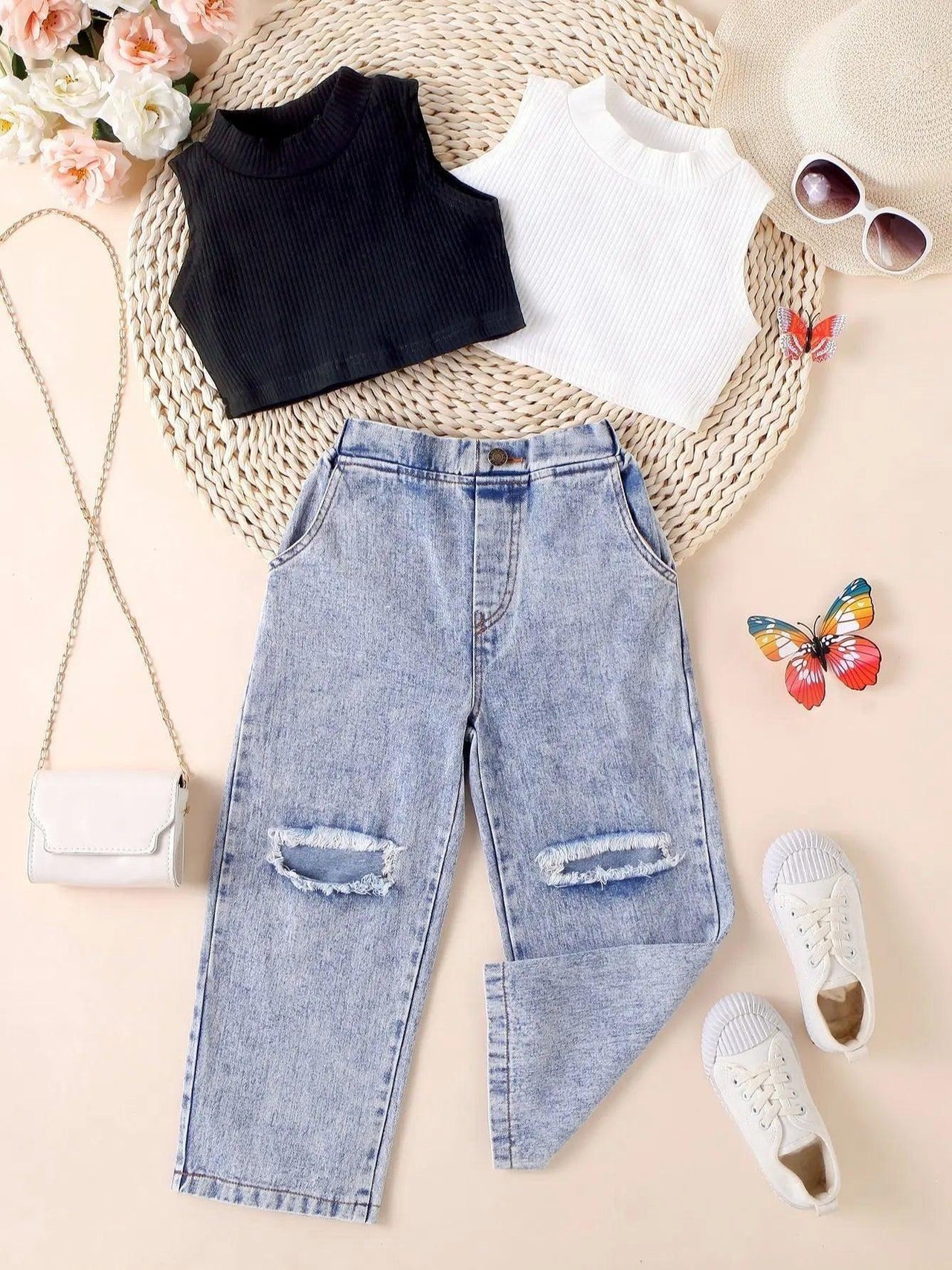 Fashion Girls' Sleeveless Crop Top and Loose Ripped Denim Jeans 2-Piece Set -, Outfit Sets , Drestiny , 3T, 4T, 5T, 6T, 7T, Australia, Black, Blue, Canada, Casual Pants, Casual Shirts, Crop Tops, Girls, Jeans, New Zealand, Pant Sets, Sets, Sleeveless, Tank Tops, TD, United Kingdom, United States, White , Drestiny , www.shopdrestiny.com