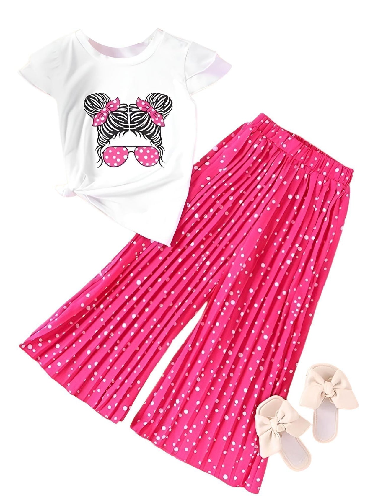 Girls Fashion Short Sleeved T-Shirt + Wide Leg Pants Casual Two-Piece Set Kids Clothes