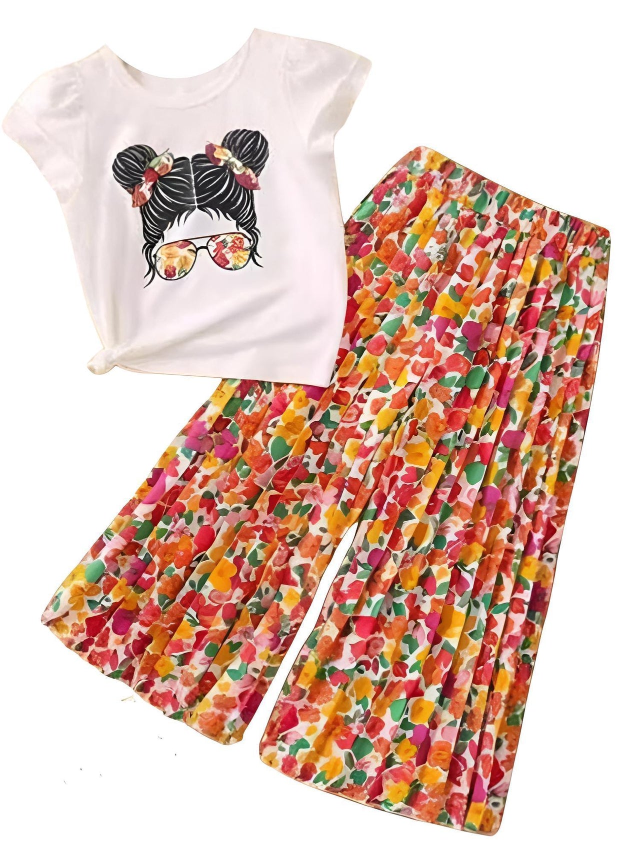 Girls Fashion Short Sleeved T-Shirt + Wide Leg Pants Casual Two-Piece Set Kids Clothes