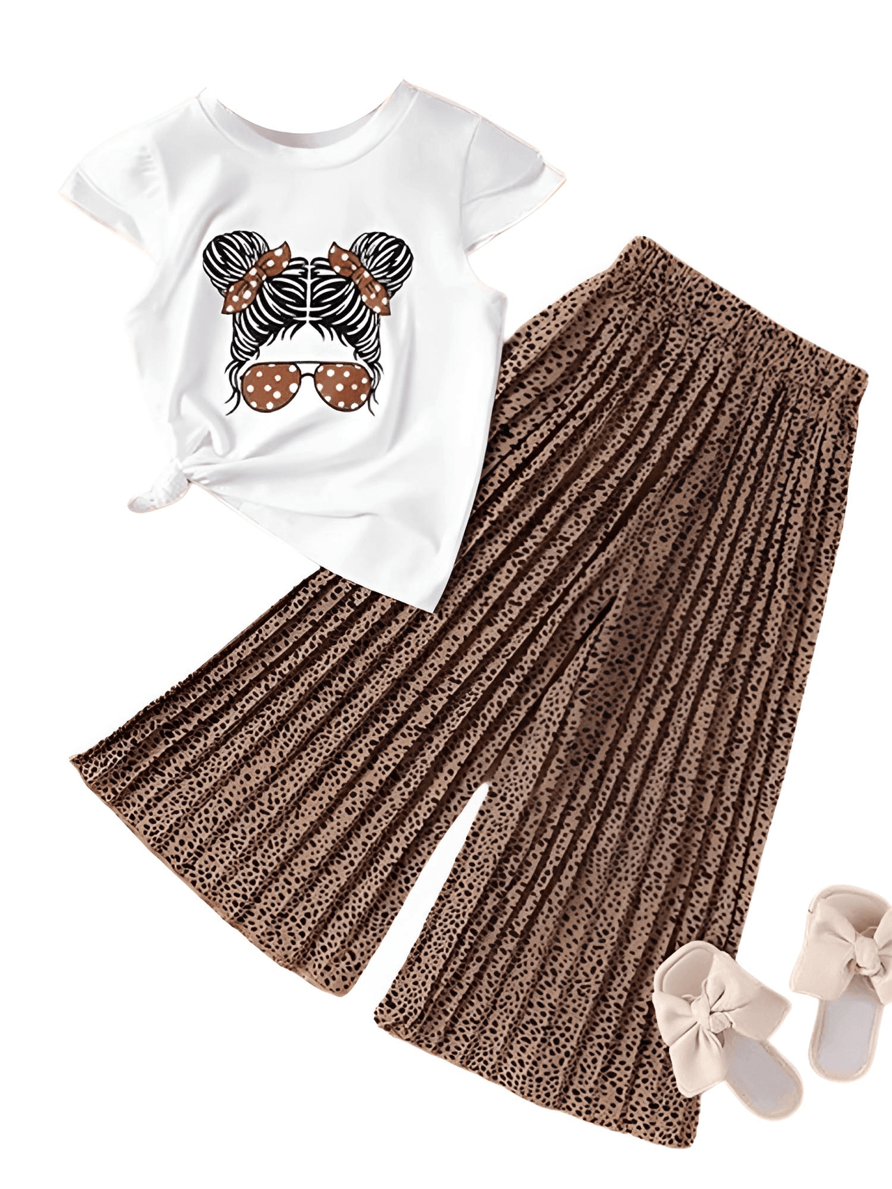 Girls Fashion Short Sleeved T-Shirt + Wide Leg Pants Casual Two-Piece Set Kids Clothes