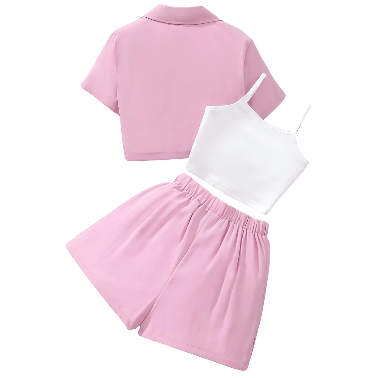 Girls Formal Casual 3-Piece Set - Short Sleeve Lapel Top + Camisole + Pleated Shorts Set -, Outfit Sets , Drestiny , 10, 11, 12, 8, 9, Australia, Camisoles, Canada, Girls, Jackets, New Zealand, Pink, Purple, Sets, Short Sets, Short Sleeves, Shorts, Sleeveless, United Kingdom, United States , Drestiny , www.shopdrestiny.com