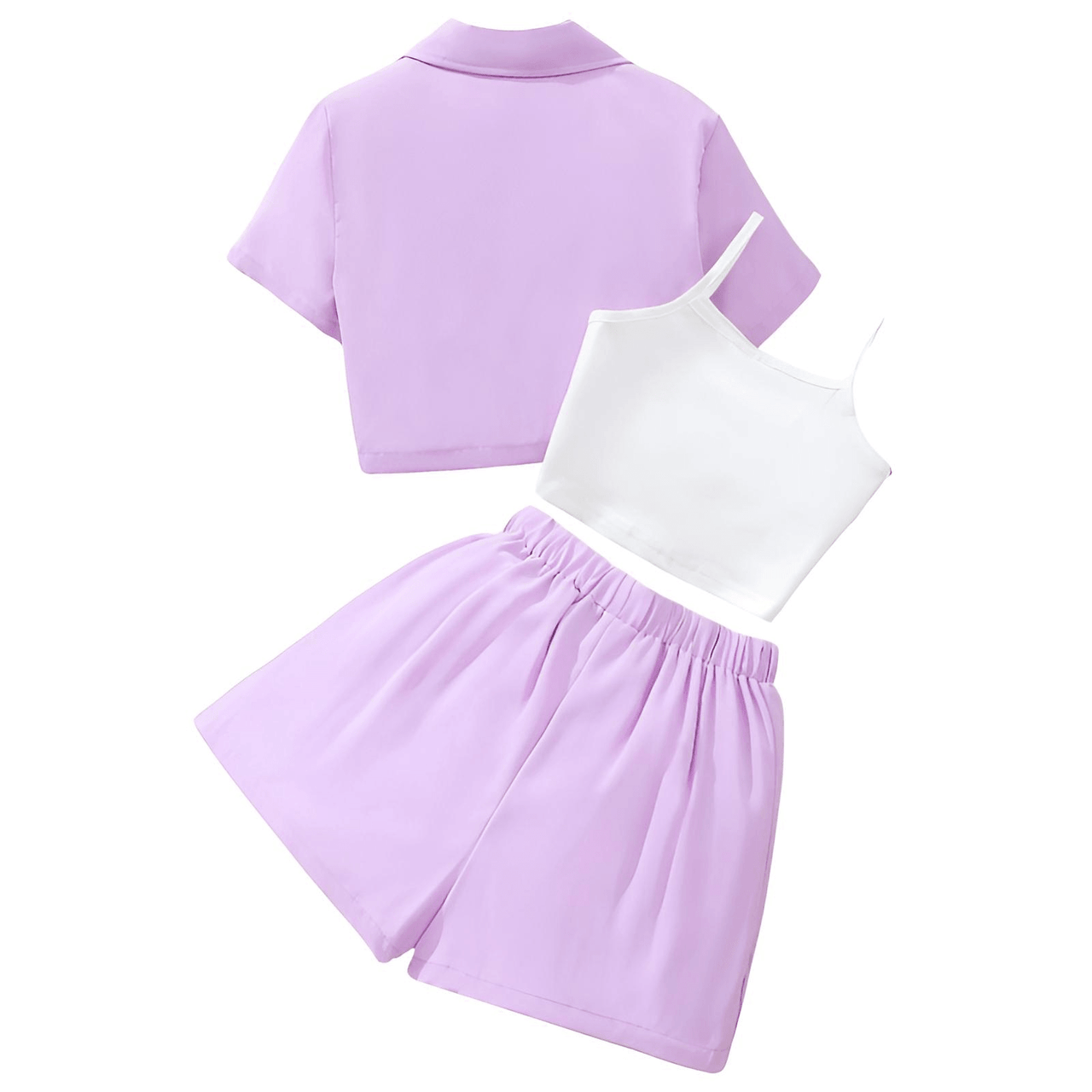 Girls Formal Casual 3-Piece Set - Short Sleeve Lapel Top + Camisole + Pleated Shorts Set -, Outfit Sets , Drestiny , 10, 11, 12, 8, 9, Australia, Camisoles, Canada, Girls, Jackets, New Zealand, Pink, Purple, Sets, Short Sets, Short Sleeves, Shorts, Sleeveless, United Kingdom, United States , Drestiny , www.shopdrestiny.com