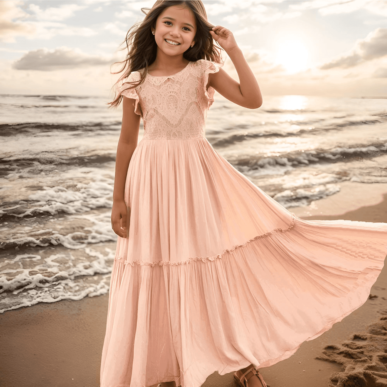 Long Girl's Lace Floral Dress, Drestiny, Dresses, Ankle-Length Dresses, Maxi Dresses, Short Sleeves, 4Y, 6Y, 8Y, 10Y, 12Y, 14Y, United States, USA, Canada, Australia, New Zealand, United Kingdom, UK, White, Wine Red, Pink Champagne, Berry, Olive Green, girls summer dresses, flower girl dresses, summer dresses for girls ages 4-14, white summer dress girl, shopdrestiny.com