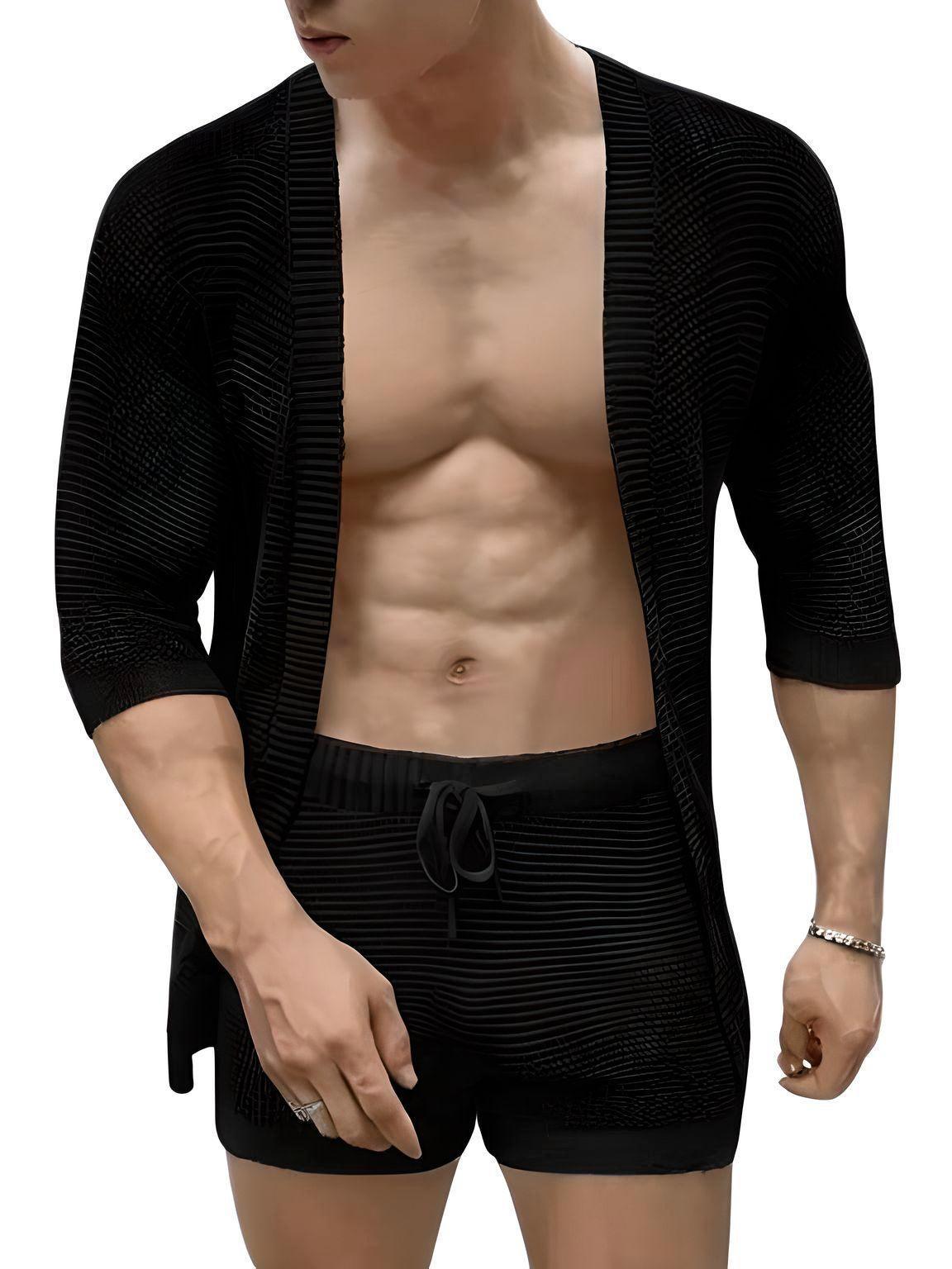 Men's Half Sleeve Cardigan & Drawstring Shorts Two-Piece Set -, black , Drestiny , , Drestiny , www.shopdrestiny.com