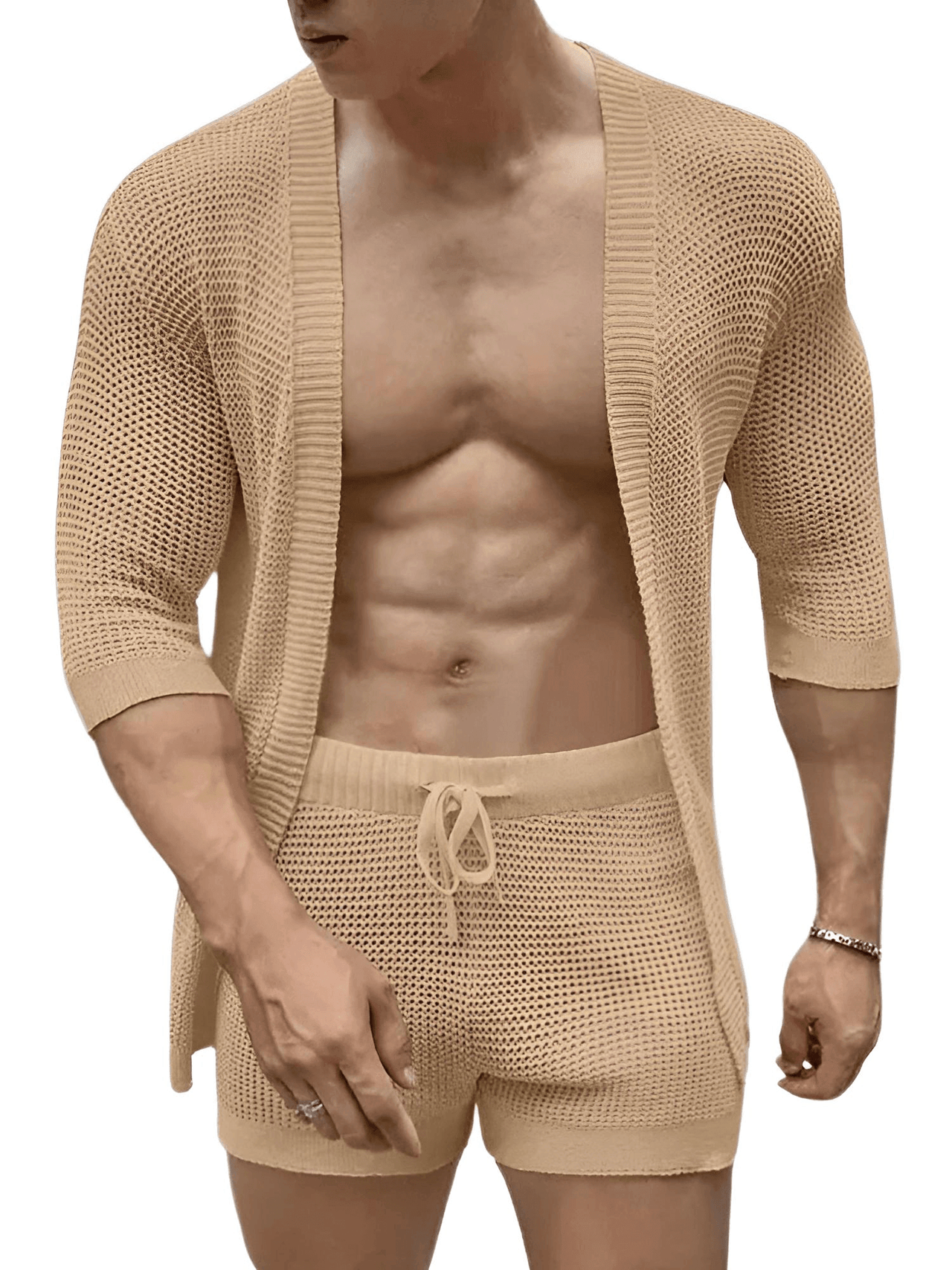 Men's Half Sleeve Cardigan & Drawstring Shorts Two-Piece Set -, , Drestiny , khaki , Drestiny , www.shopdrestiny.com