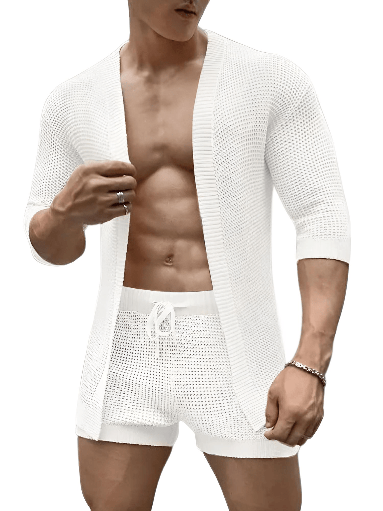 Men's Half Sleeve Cardigan & Drawstring Shorts Two-Piece Set -, , Drestiny , white , Drestiny , www.shopdrestiny.com