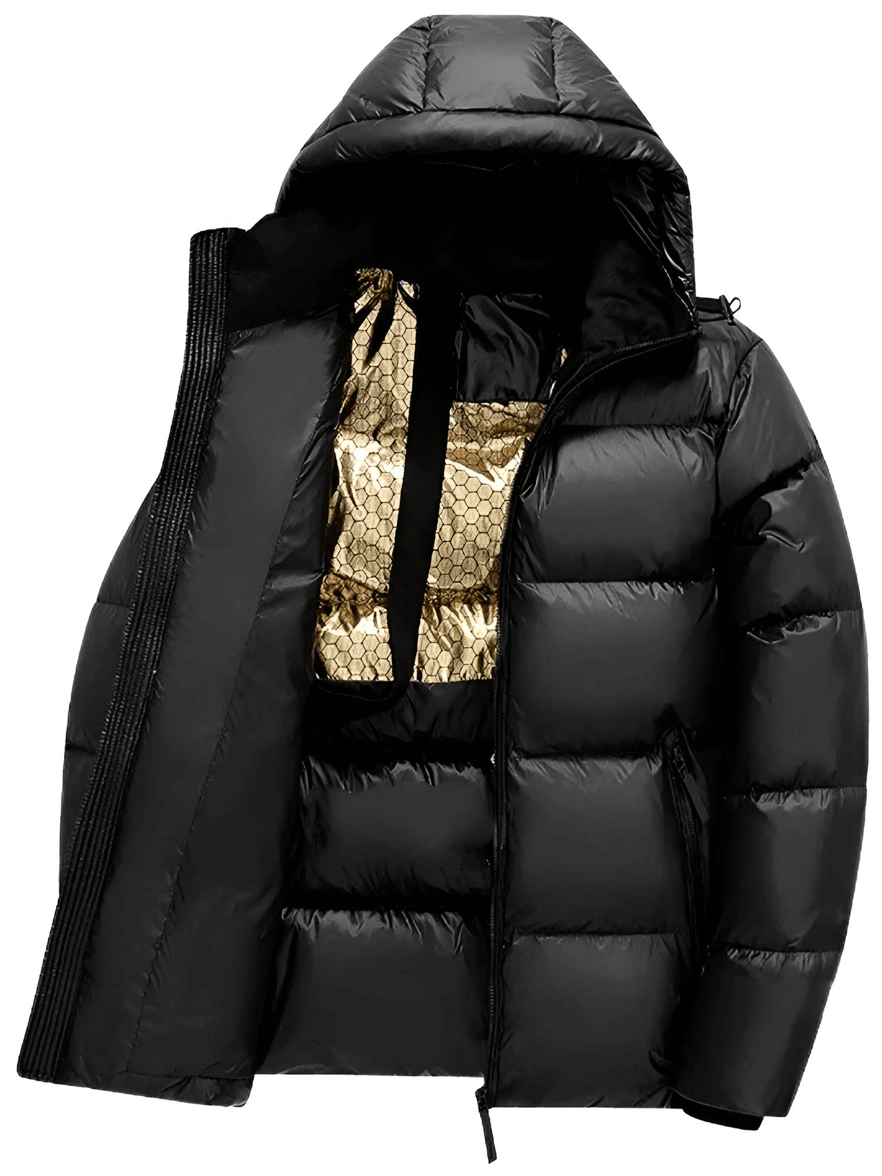 Black and Gold Hooded Puffer Coat Men's, Drestiny, shopdrestiny.com, S, M, L, XL, 2XL, 3XL, United States, Canada, Australia, New Zealand, United Kingdom